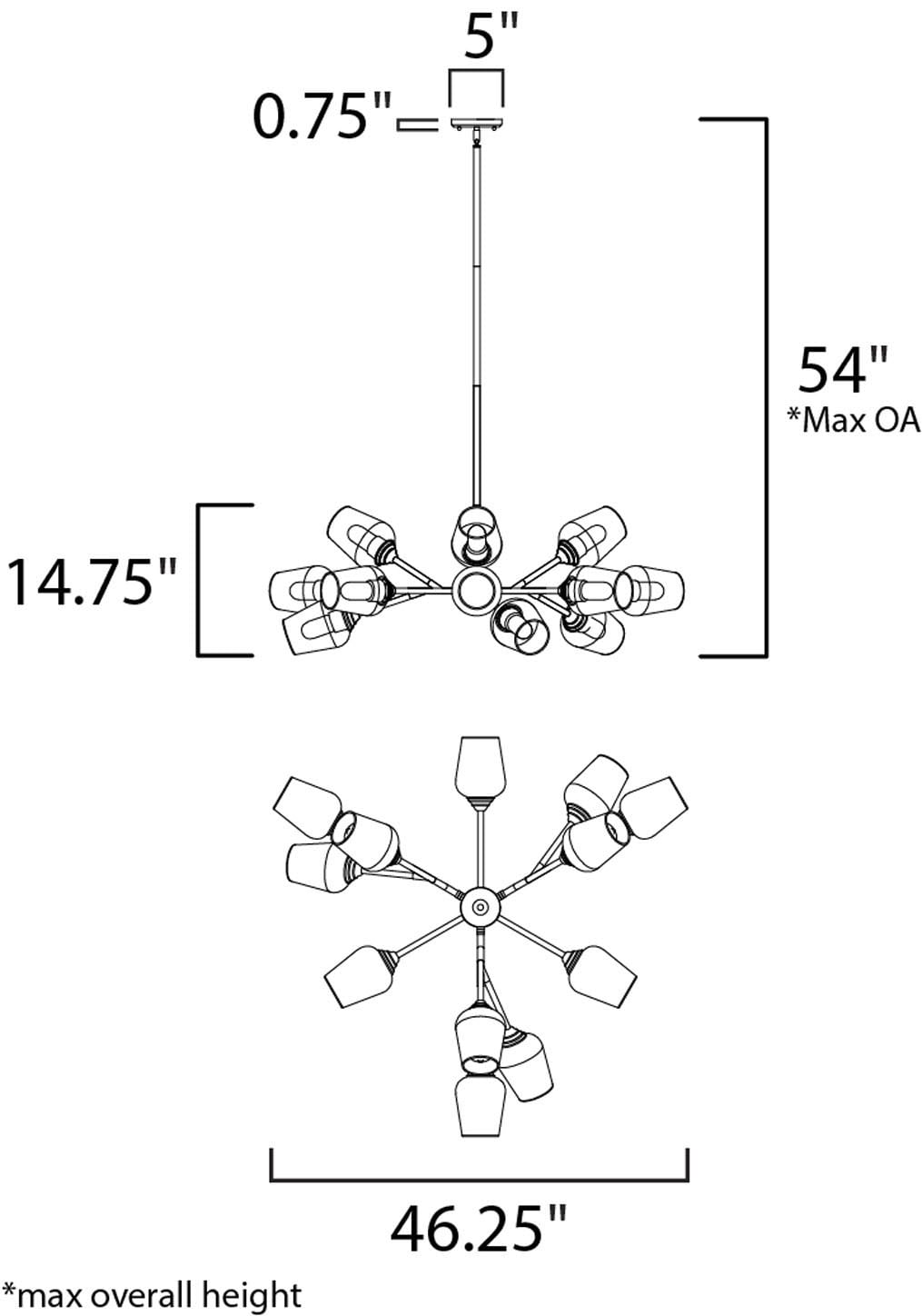 Antique Brass & Black 12-Light Chandelier with Clear Glass Shades