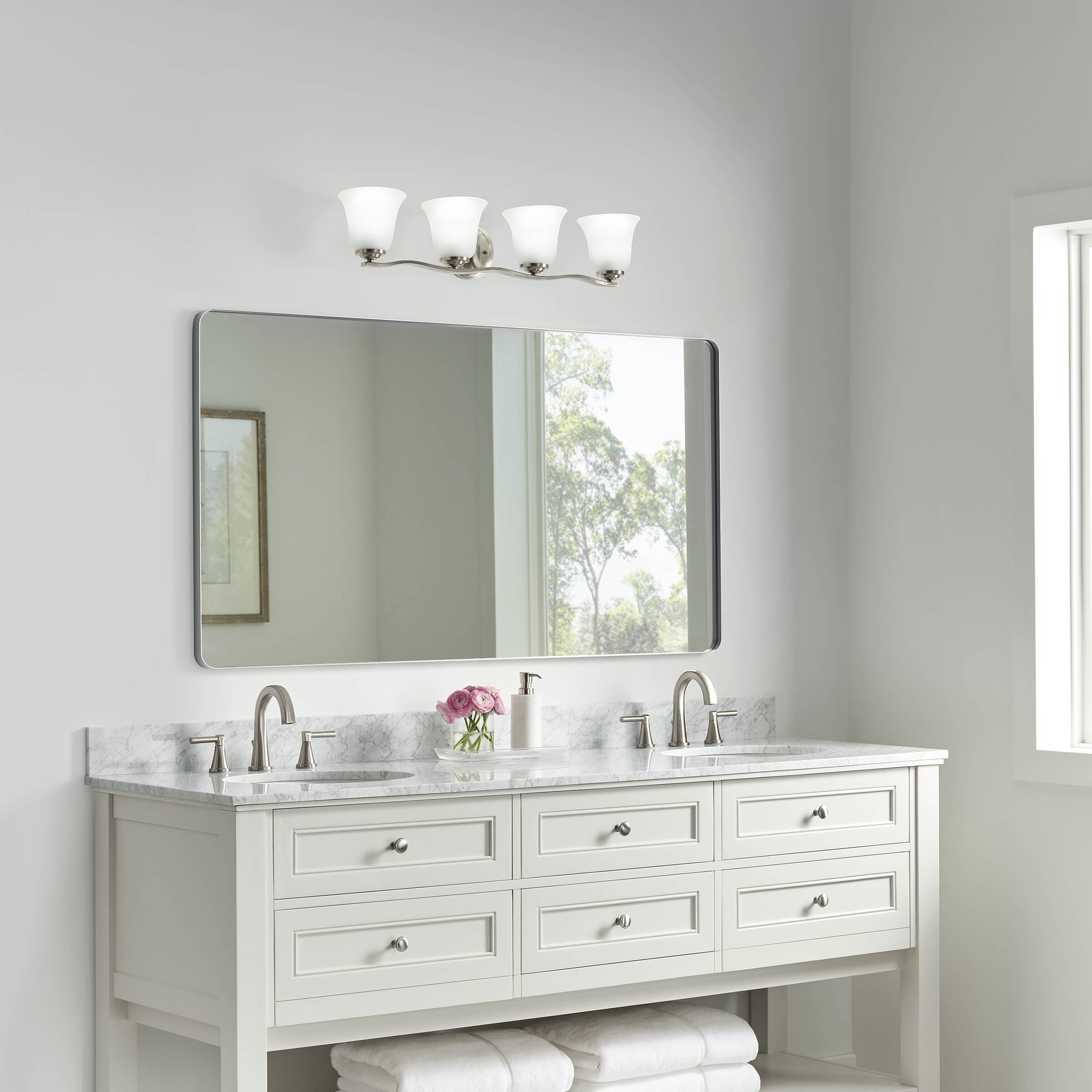 Brushed Nickel 4-Light Vanity Fixture with Satin Etched Glass Shades