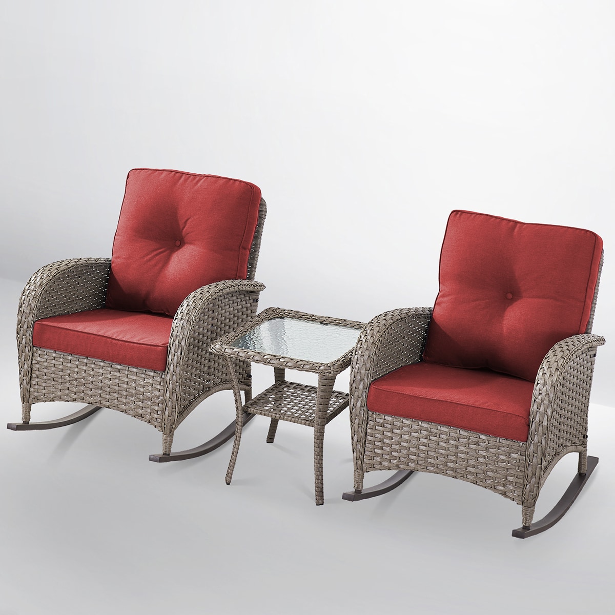 Rilyson FSKWGY3060-5 New Juno Set of 2 Wicker Gray Wicker Frame Rocking Chair with Red Red Cushioned Seat