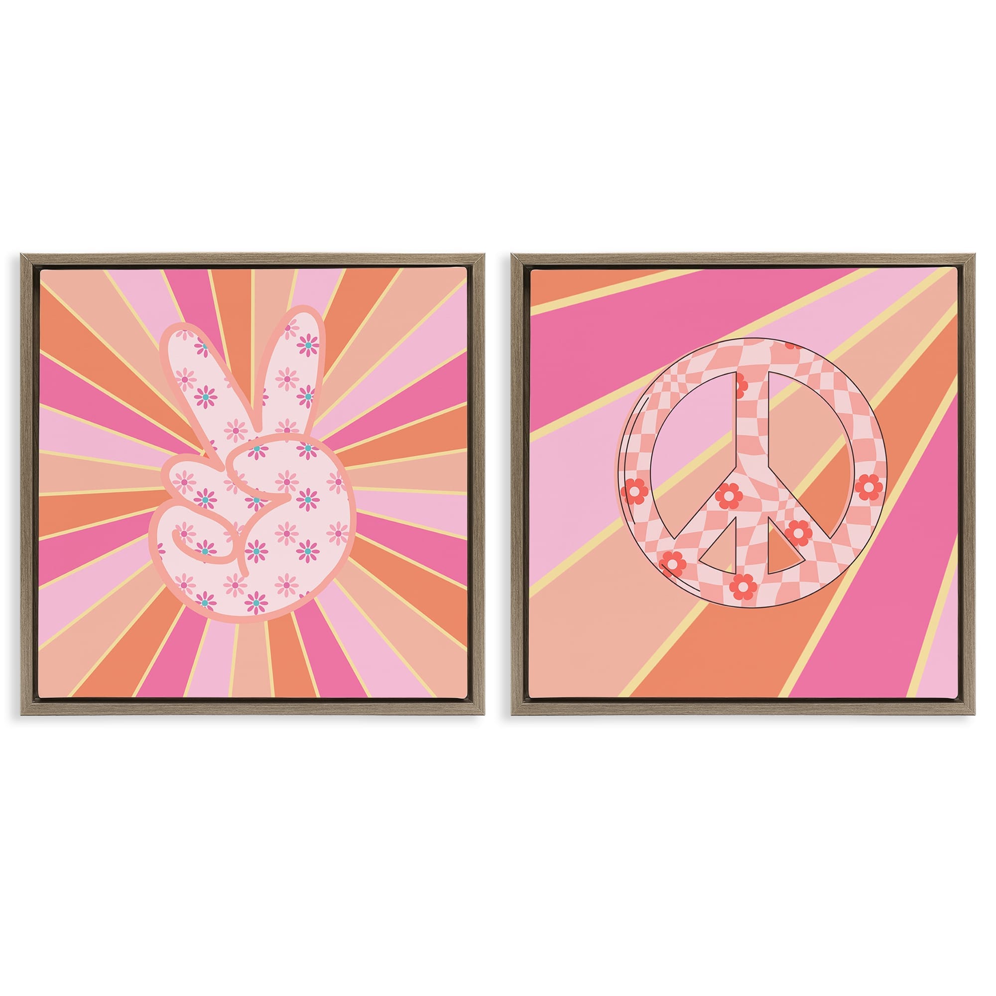 Stupell Industries B2-776-FFE-2PC-17X17 Groovy Peace Symbols on Stripes 2 Piece Brown Framed Floater Canvas Set By Jesse Keith 18 x 18