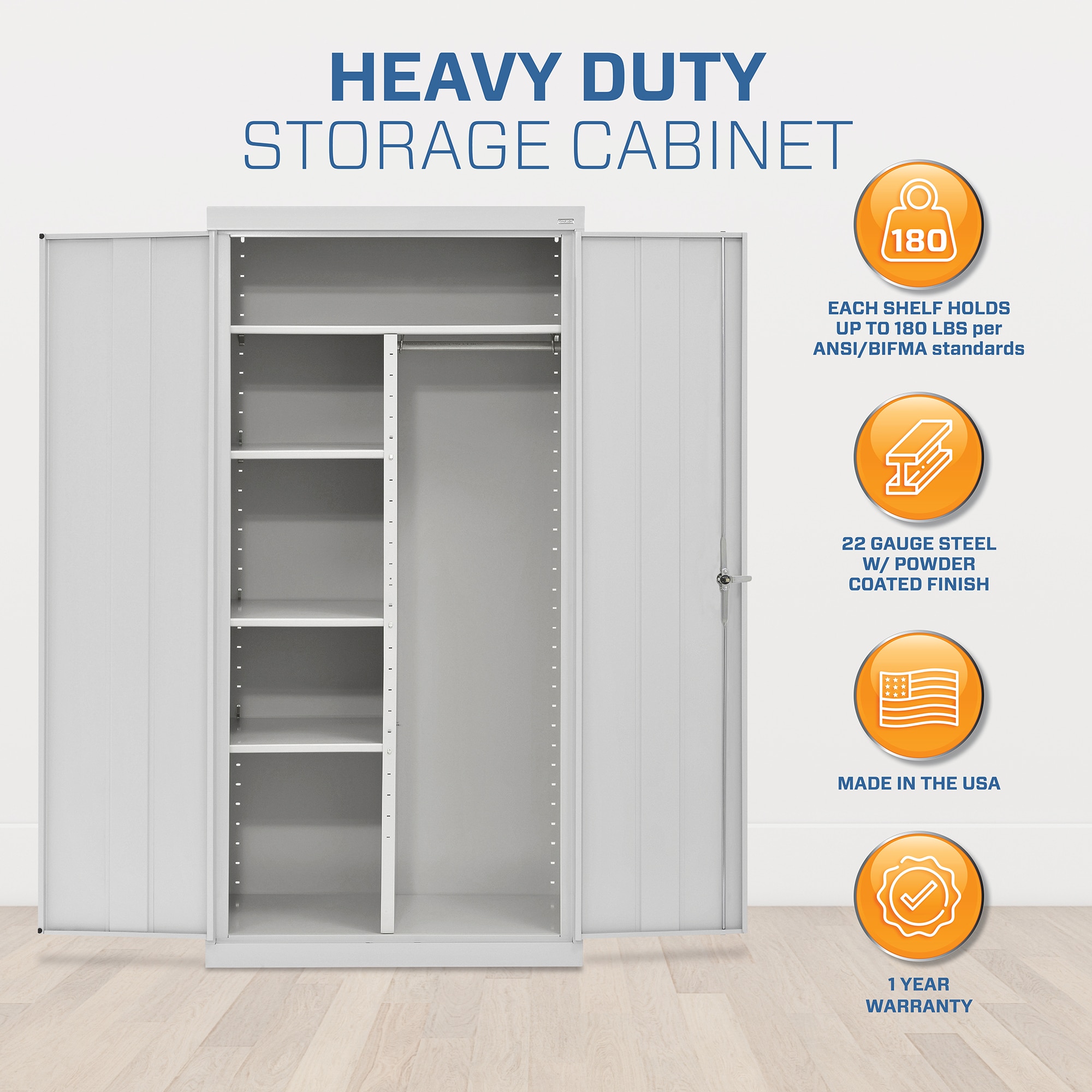 Gray Steel Freestanding Lockable Office Cabinet with Adjustable Shelving