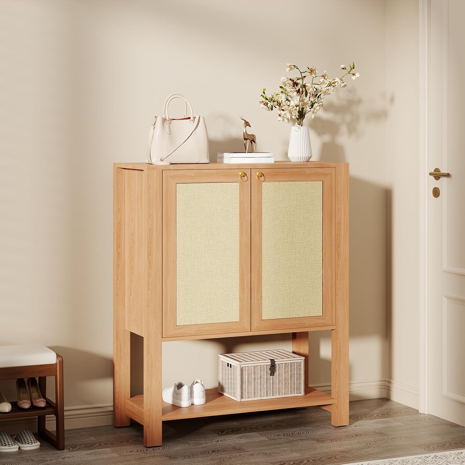 GAOMON Rattan shoe cabinet 5 tier freestanding wood entryway storage with adjustable shelves and open shelf dark oak