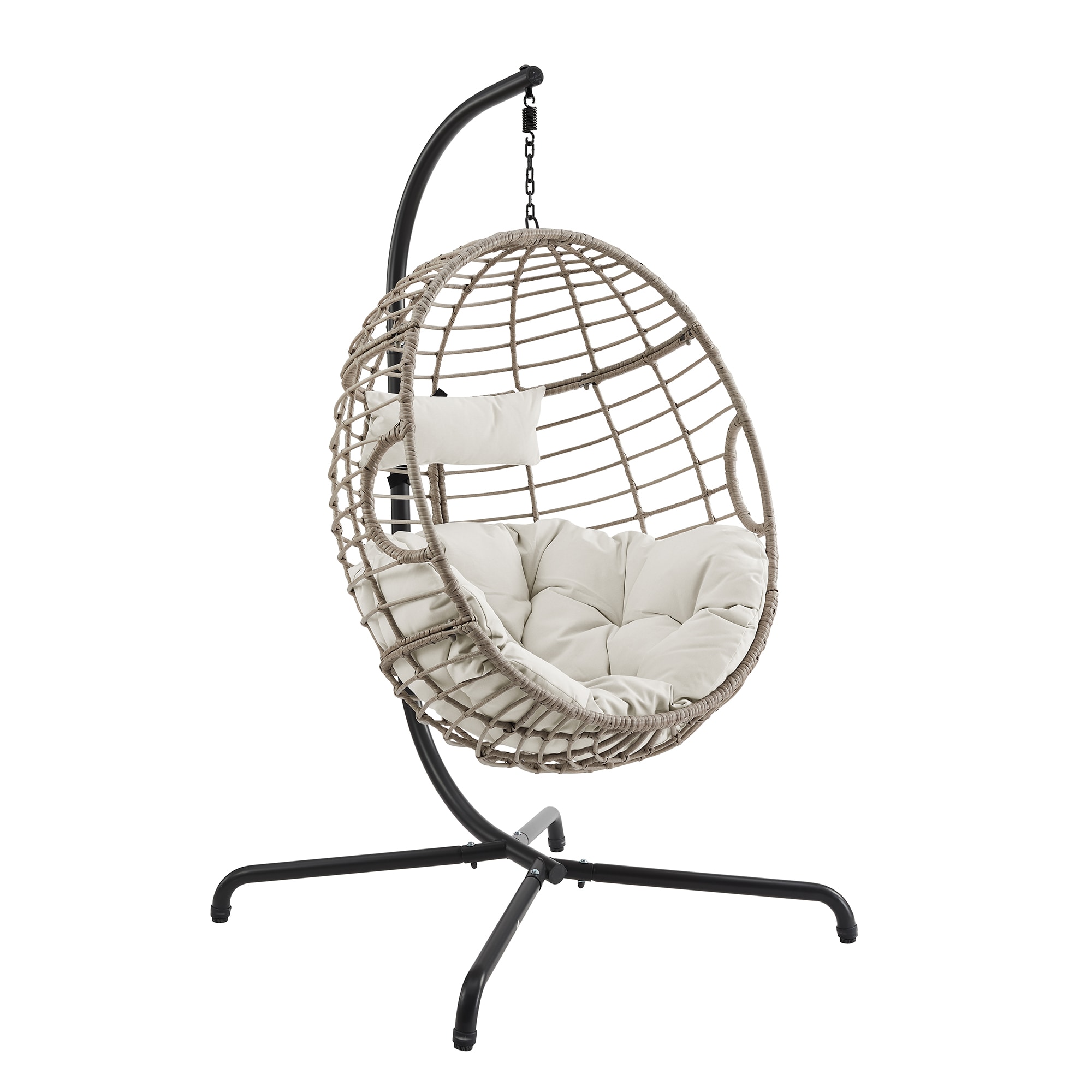 PEAK HOME FURNISHINGS 970399B Egg Chair Wicker Black Metal Frame Hanging Egg Chair with Beige Olefin Cushioned Seat