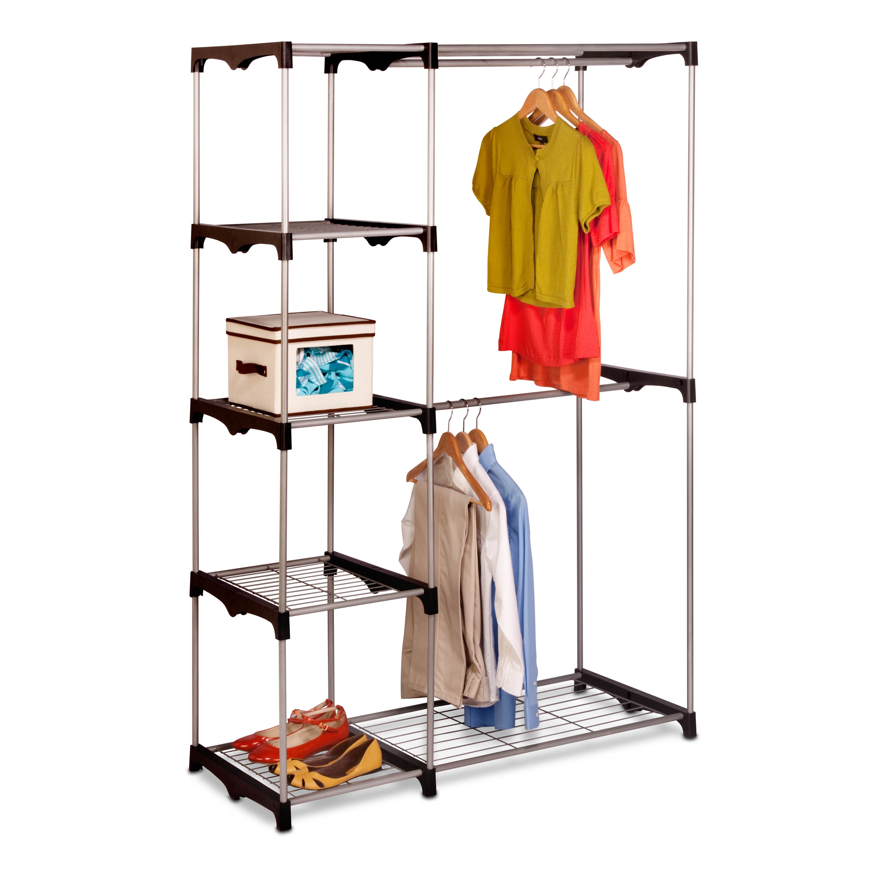 Silver and Black Steel Double Rod Freestanding Closet with Shelves