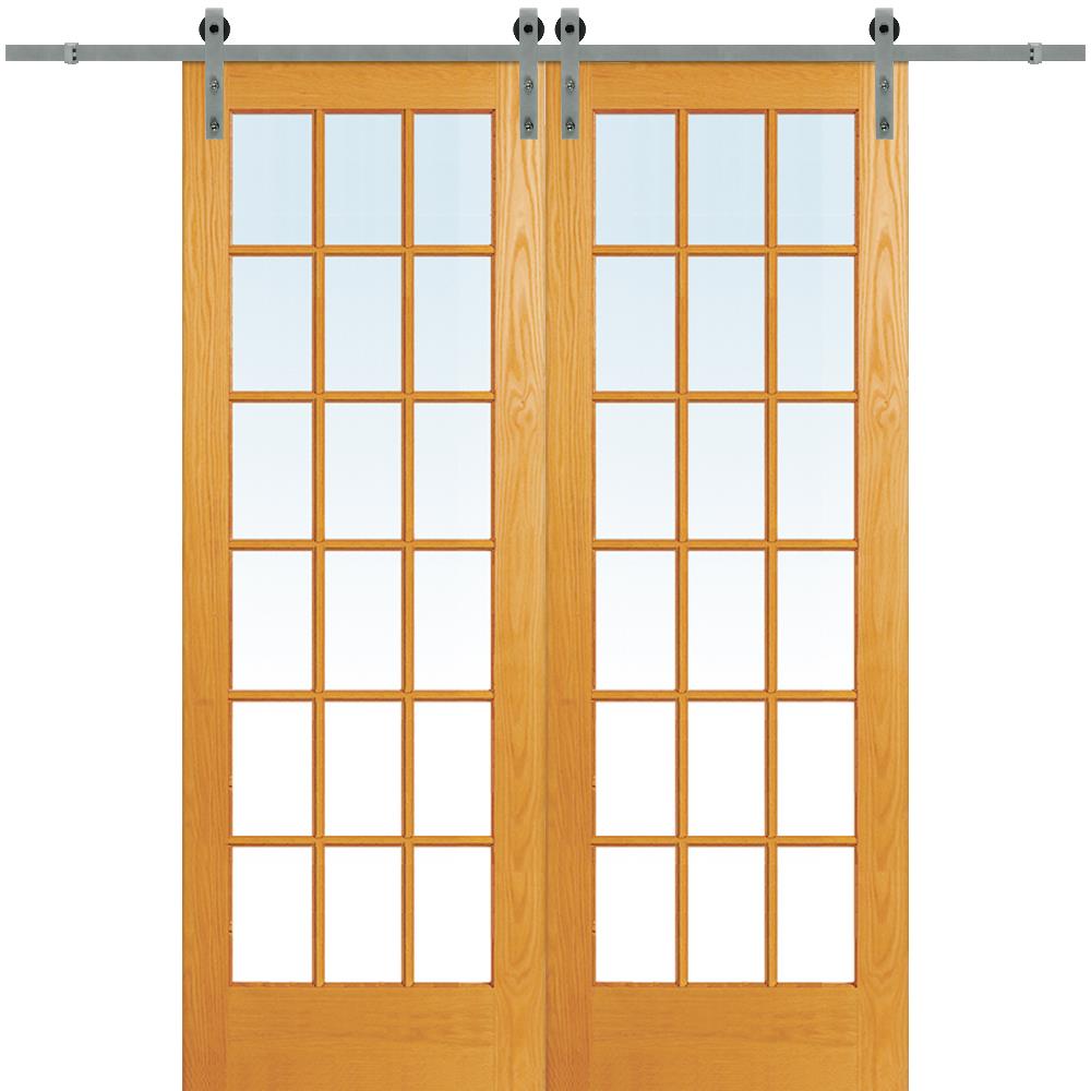 MMI DOOR ZL20148 60-in x 96-in Unfinished Pine Clear Glass Solid Core Unfinished Pine Veneer Double Barn Door (Hardware Included)