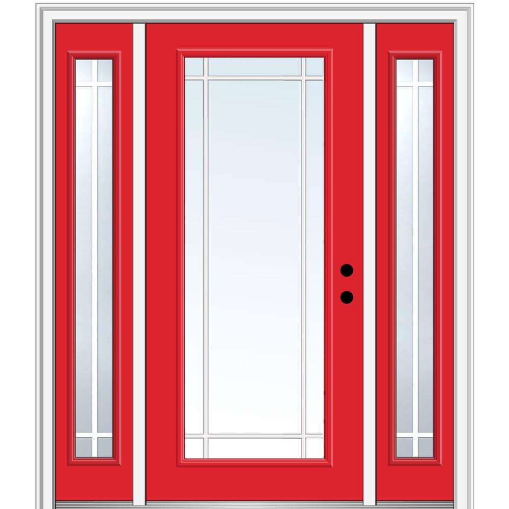 MMI DOOR ZZ361034L 60-in x 80-in x 4-9/16-in Fiberglass Full lite Left-hand inswing Red Saffron Painted Prehung Front Door with Sidelights with Brickmould Insulating core with Grilles