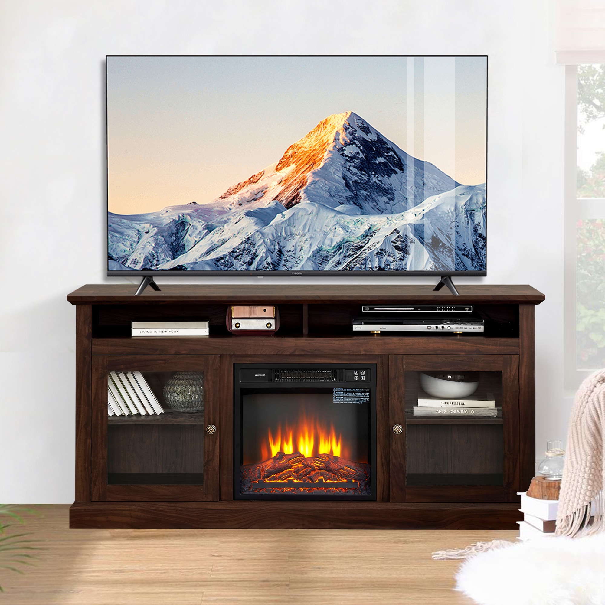 Sunrinx 60-in W Brown TV Stand with Fan-forced Electric Fireplace MG63-17-GSD Sansujyuku sansujyuku.com