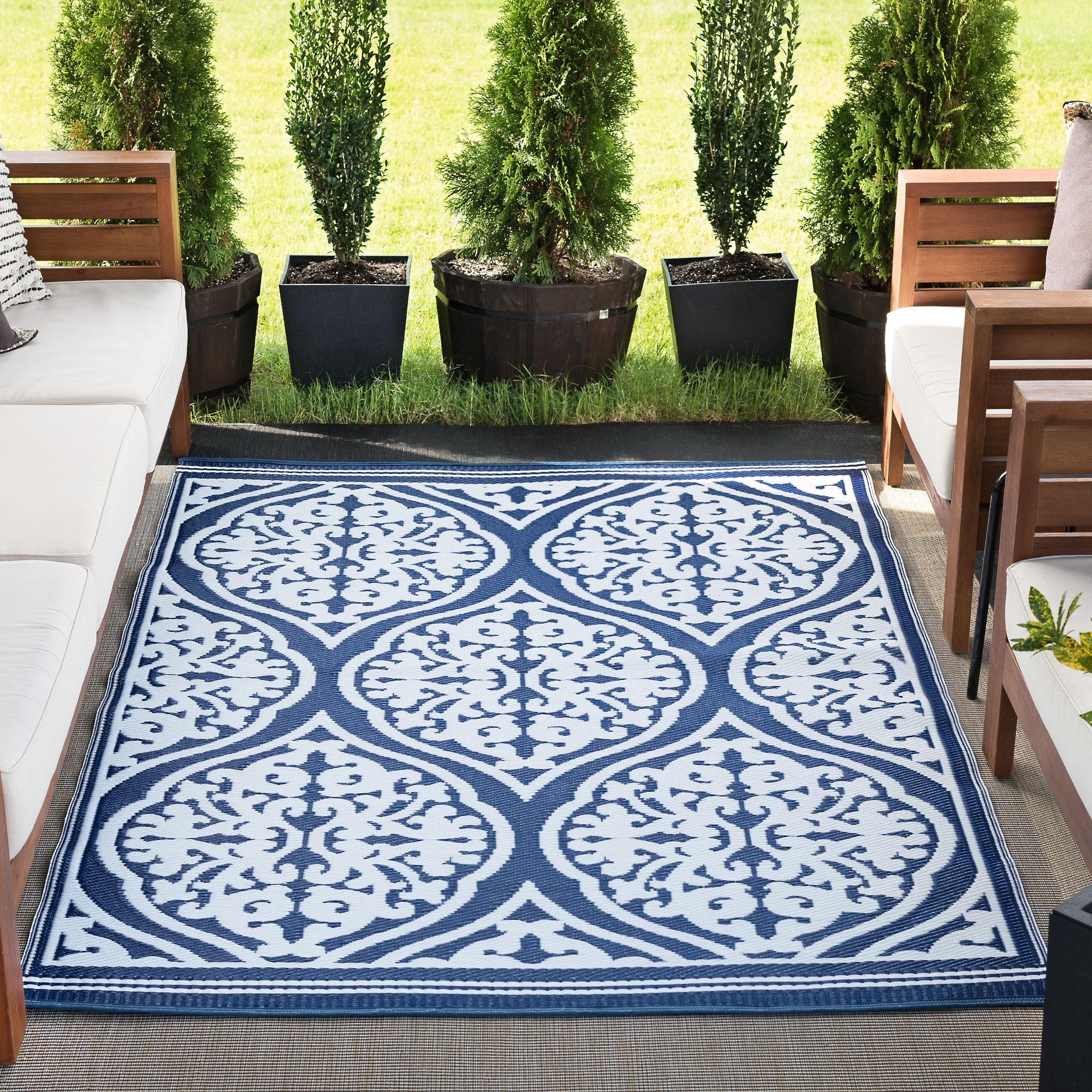 Tayse SUN1702 8X10 Sunset 8 x 10 (ft) Flatweave Polypropylene Blue Rectangular Outdoor Damask Coastal Area rug