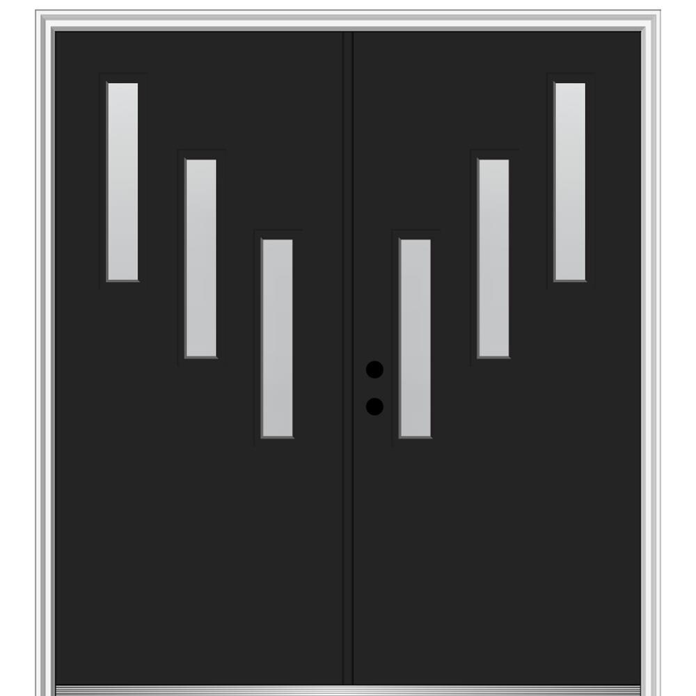MMI DOOR ZZ347965R Spotlights 72-in x 80-in x 4-9/16-in Fiberglass Pulse lite Right-hand inswing Black Painted Prehung Double Front Door with Brickmould Insulating core