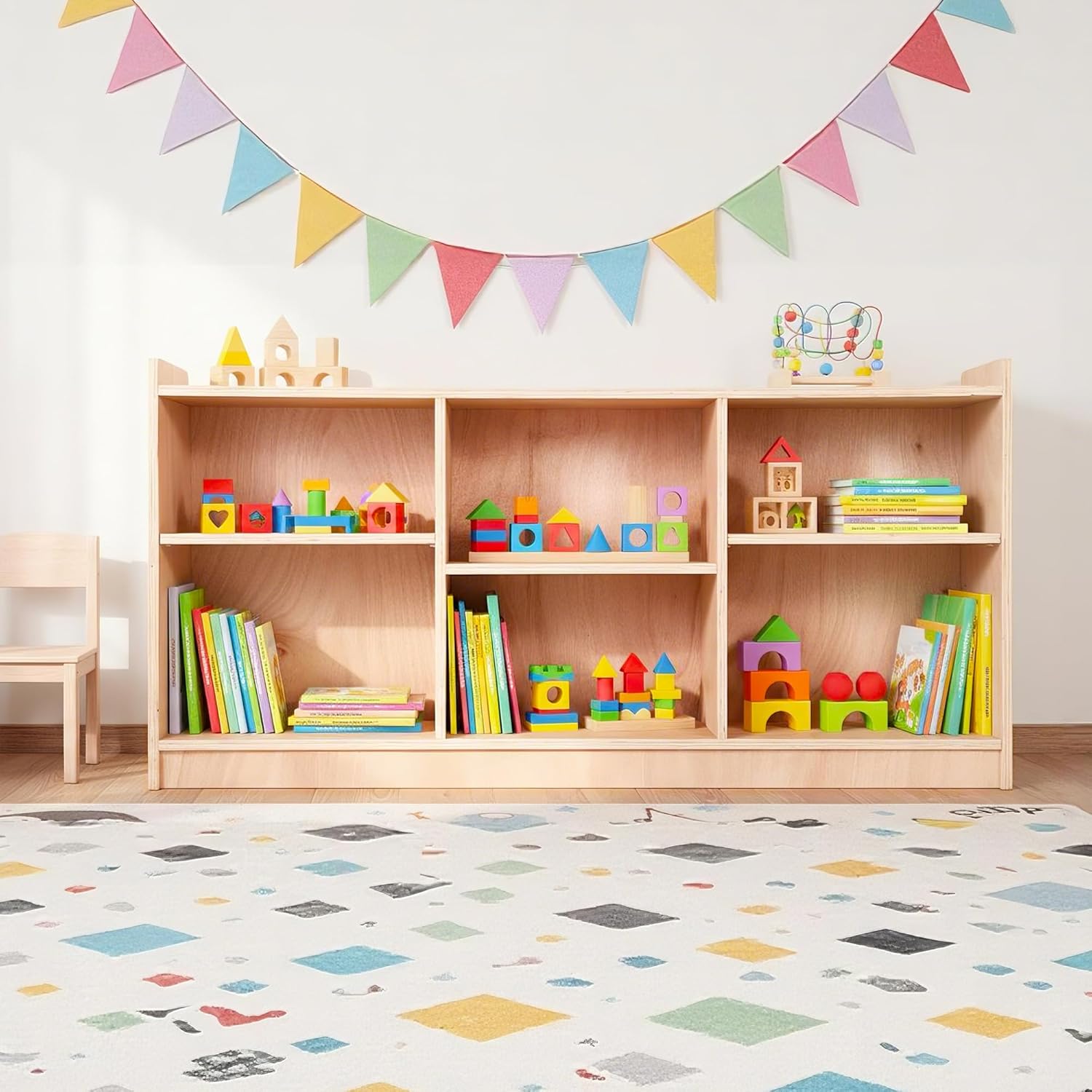 IdealHouse Montessori Wooden Storage Shelf 6 Compartment Toy Book Organizer with Adjustable Dividers Natural Finish Kids Bookcase for Playrooms Nurseries Classrooms