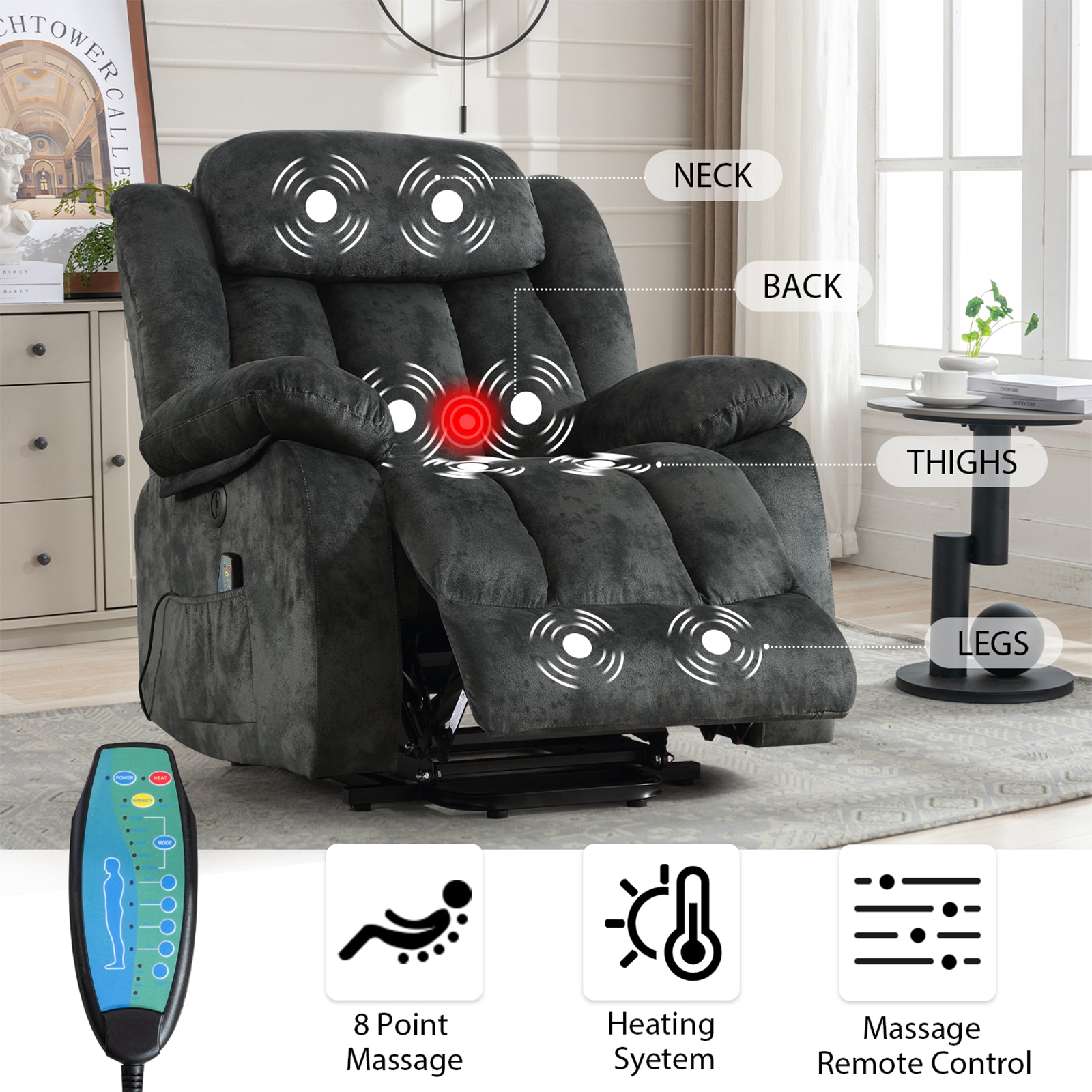 Canmov Power Lift Massage Recliner Gray Velvet Powered Reclining ...