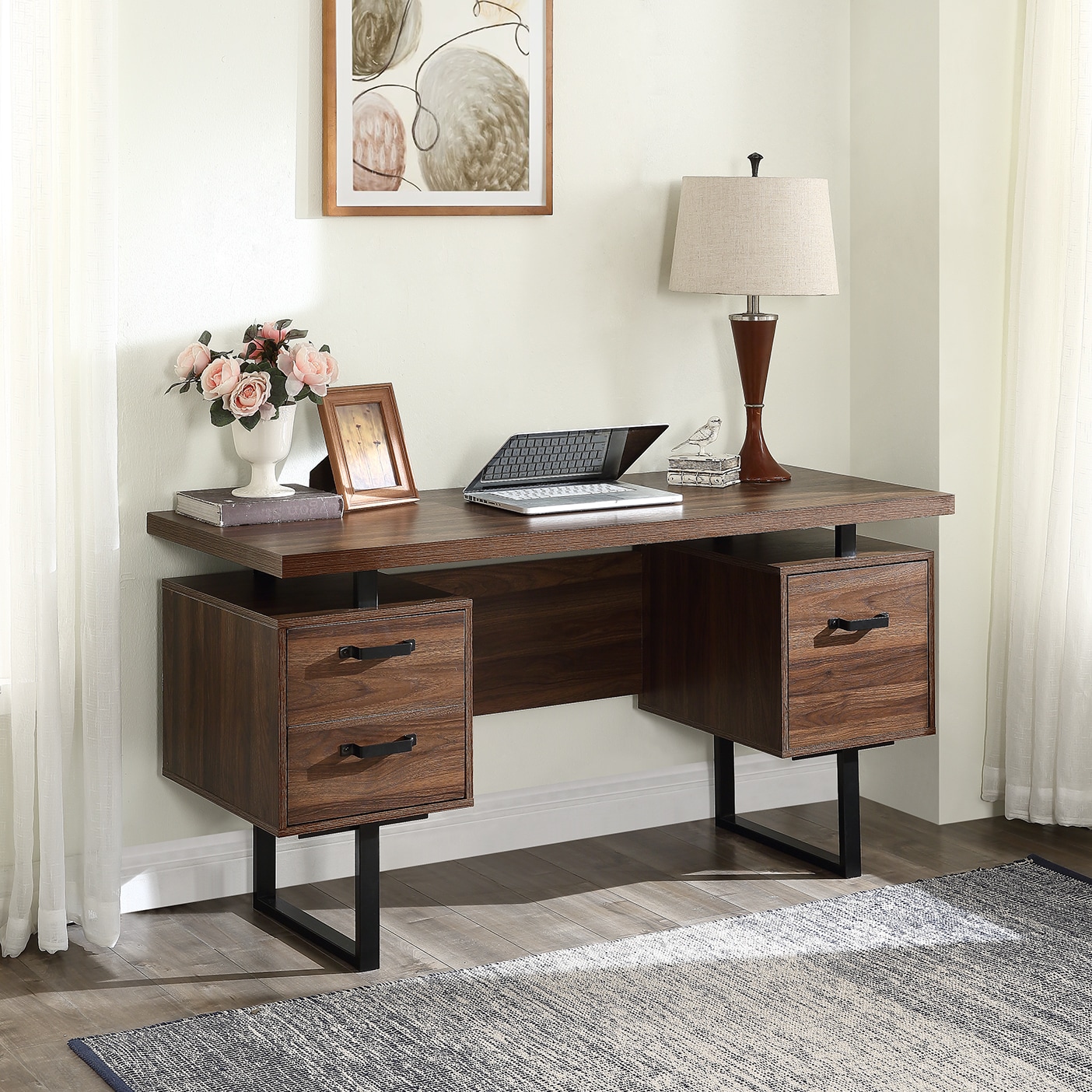 LOVMOR SF-Y-WF193467DAA Home Office Computer Desk with Drawers Hanging Letter-size Files 59 inch Writing Study Table with Drawers