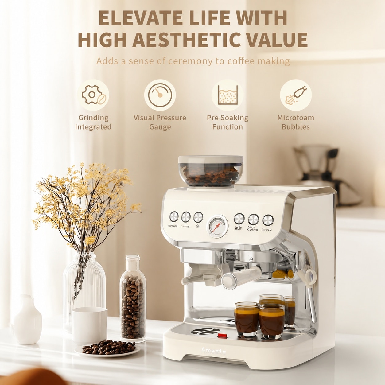 Aoibox Espresso Machine with Grinder and Steam Wand 68Oz Water Tank 15 ...