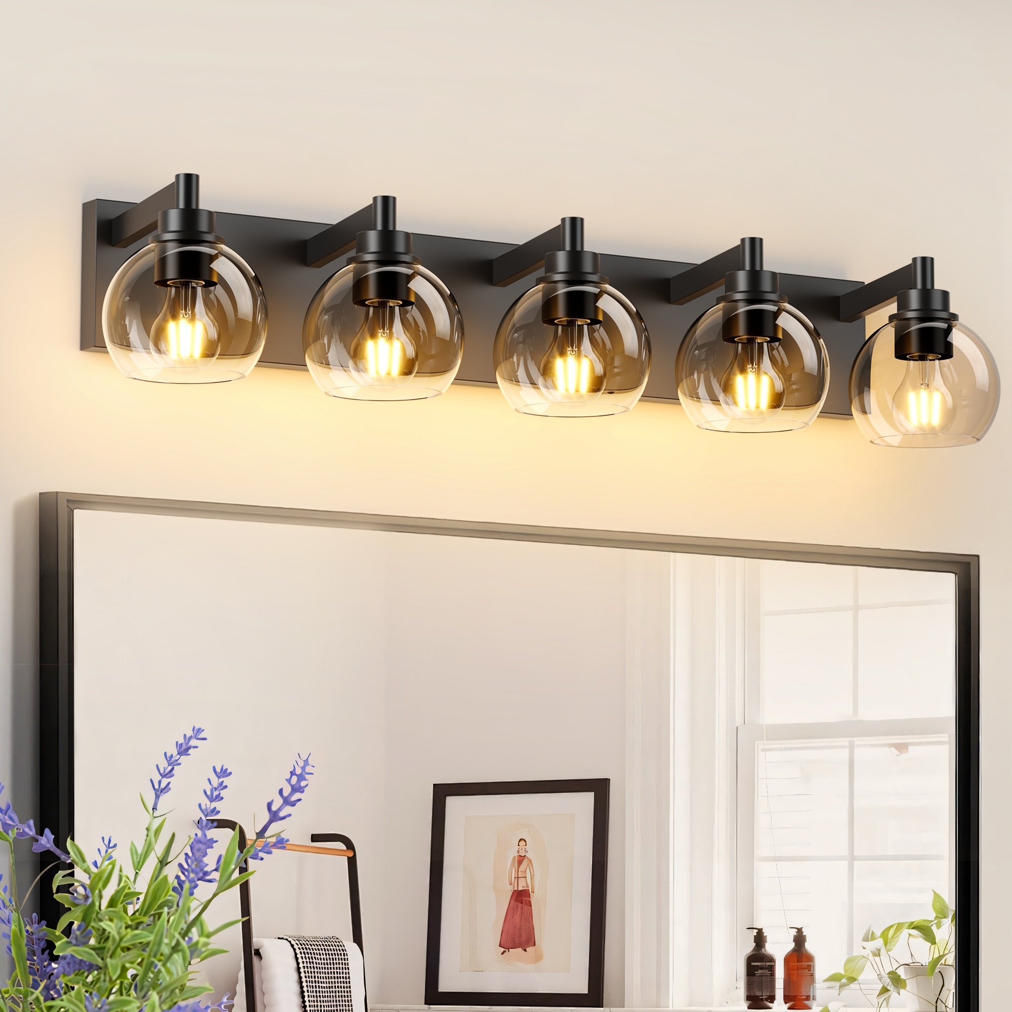 Vorene 5-Light Modern Black Bathroom Vanity Wall Sconce with Clear Globe Glass Shade Light Fixture Over Mirror for Bath Areas Bulbs Not Included