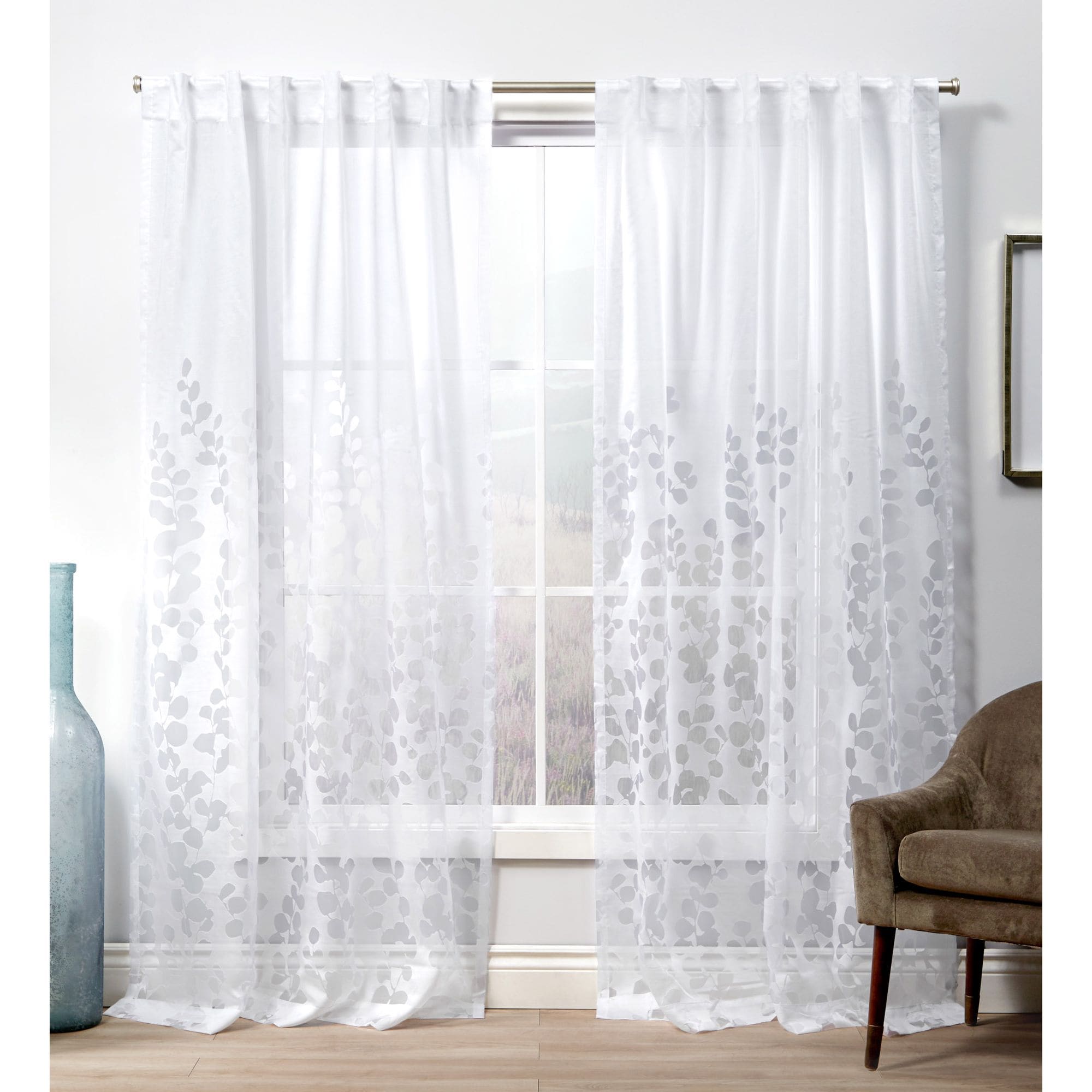 Exclusive Home EH8434-01 2-96H 96-Inches Winter White Floral Sheer Back tab Curtain panel pair