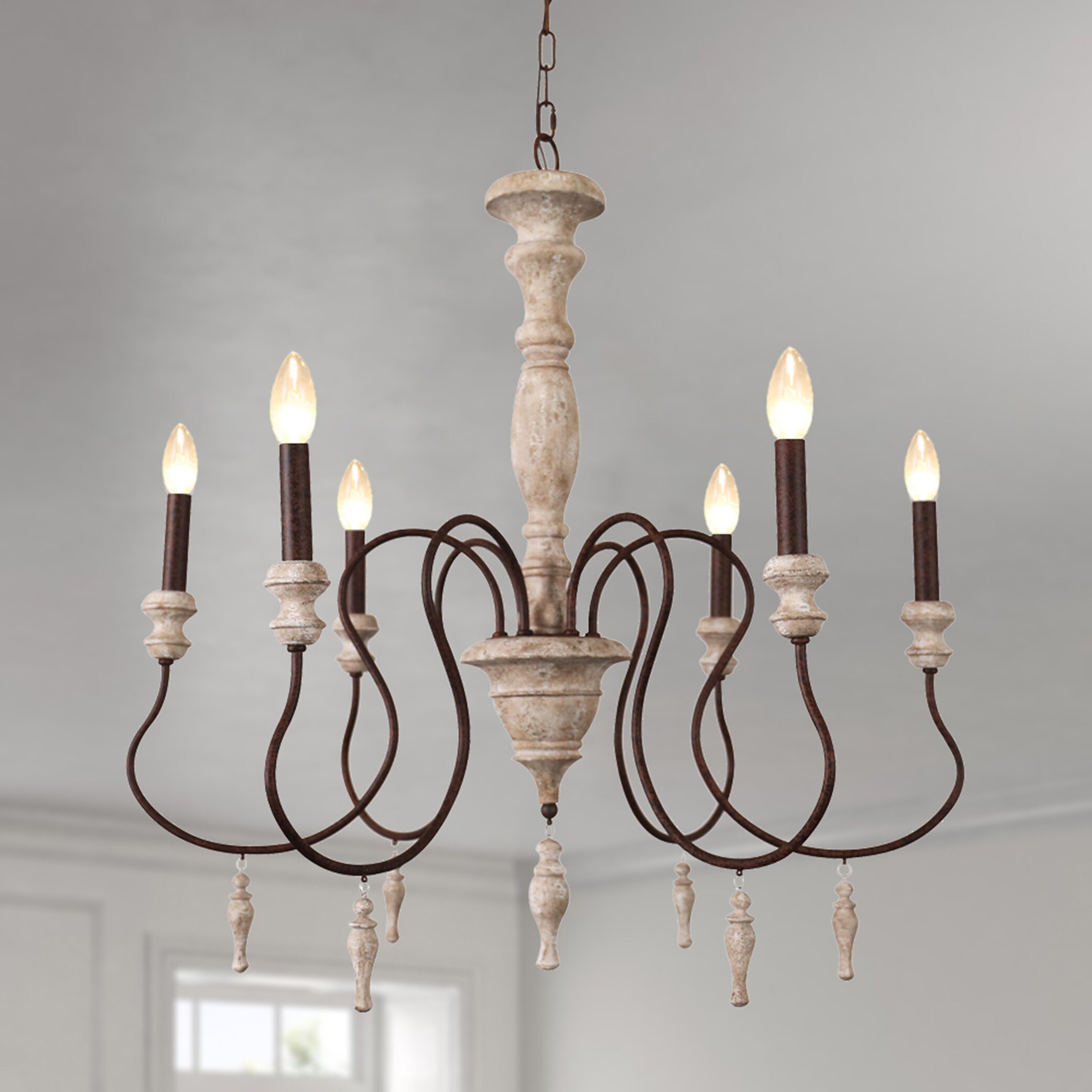 Oaks Decor Farmhouse wood chandelier 6-Light Distressed Off-white ...