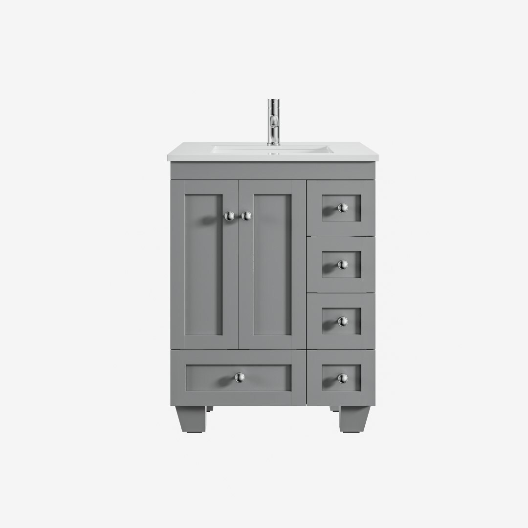 Gray Solid Wood Bathroom Vanity with White Quartz Top, 24-inch