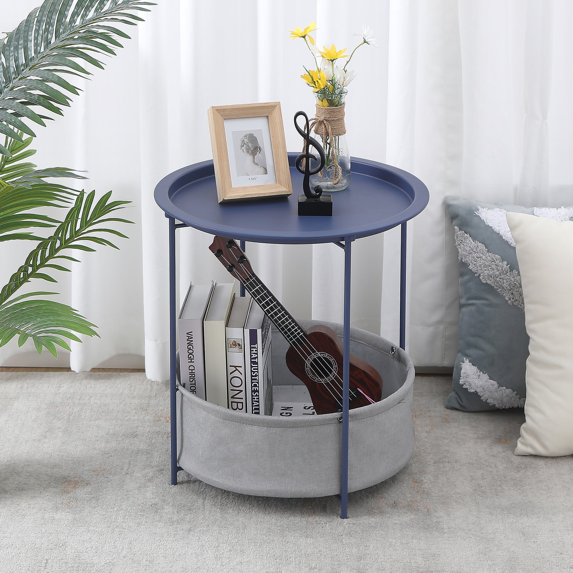 Vecelo LOE-XJM-MD02-BLU Metal Round Side Table Anti-Rust End Table with Fabric Storage Basket And Removable Tray Top Blue Nightstand