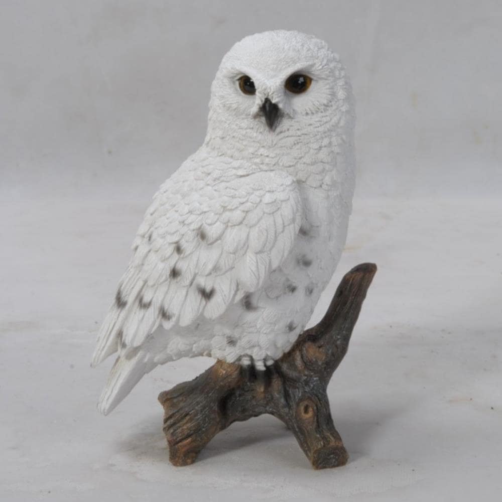 White Polyresin Snowy Owl on Brown Stump Garden Statue