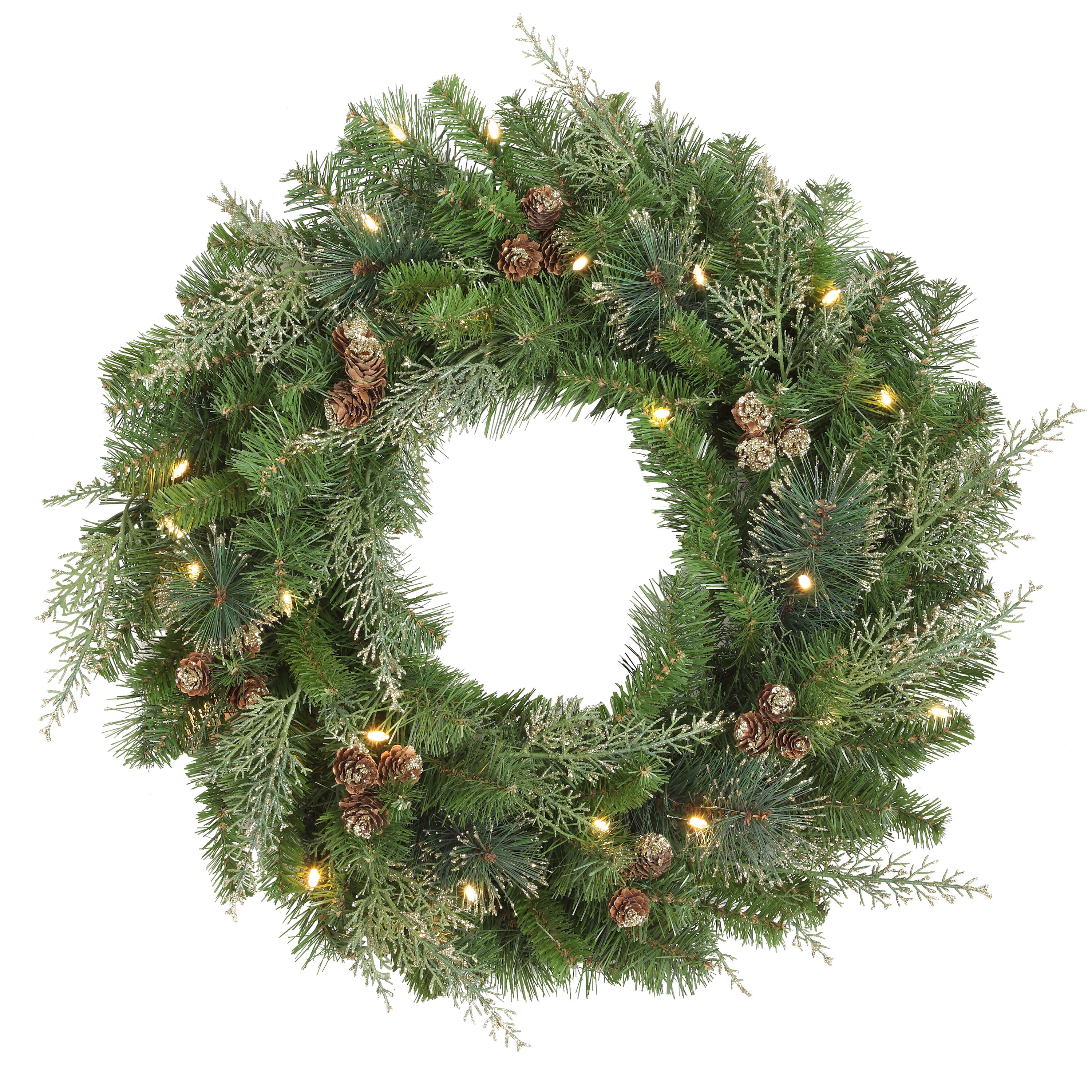 24 Inch Pre-Lit Pine Christmas Wreath with Pinecones and LED Lights