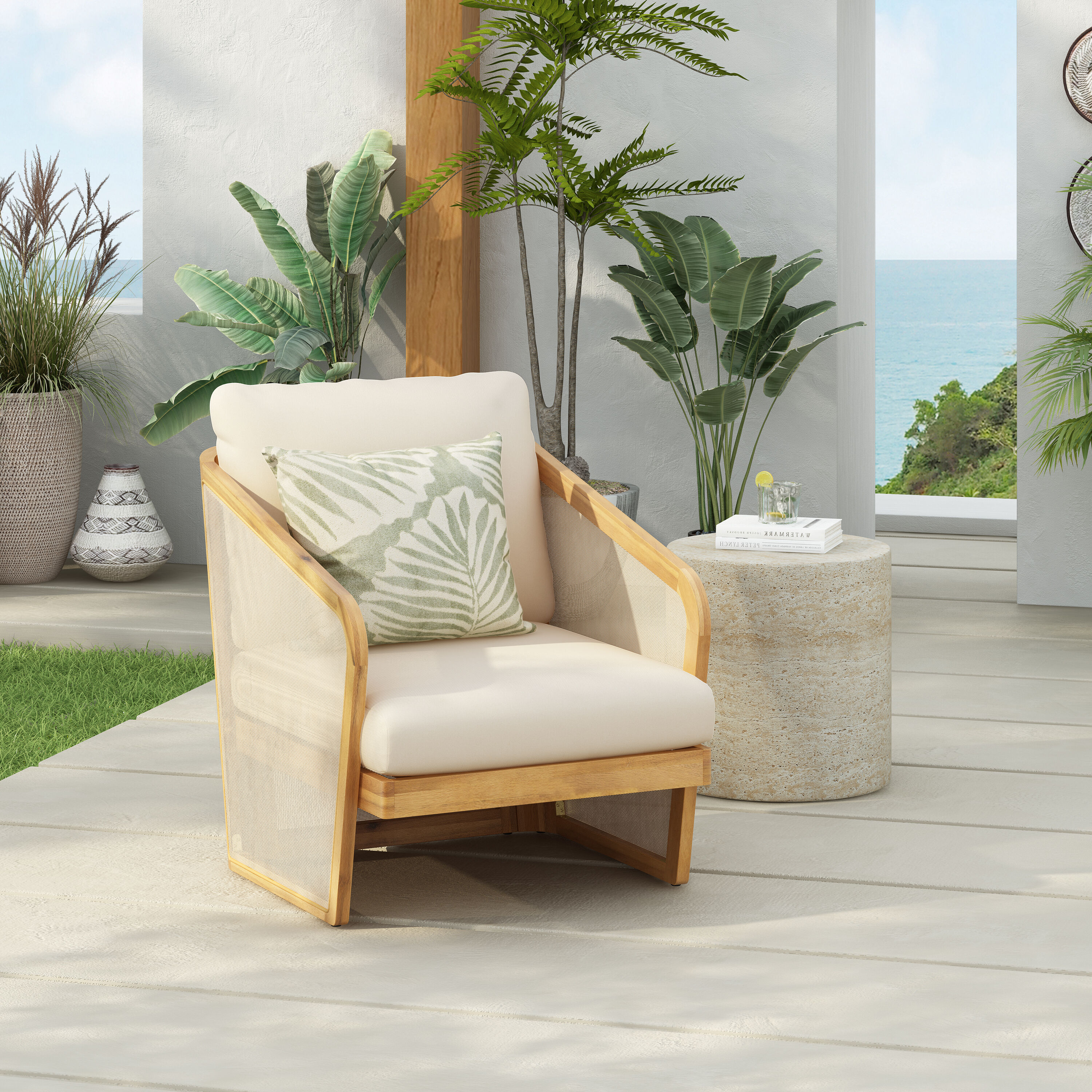 Christopher Knight Home 322595 Lenrn Wood Textilene Club Chair with Acacia Frame and Water Resistant Cushions
