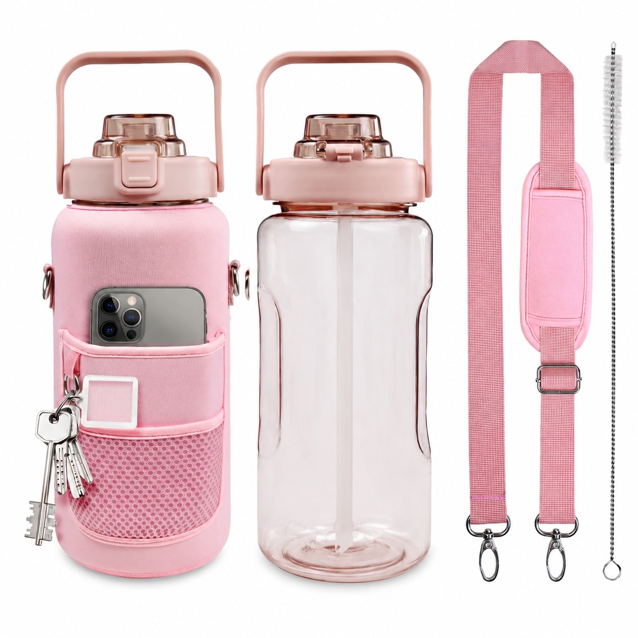 Etokfoks  64 oz Pink Plastic Leakproof Water Bottle with Straw and Time Marker Sleeve Insulated Motivational 1 Bottle