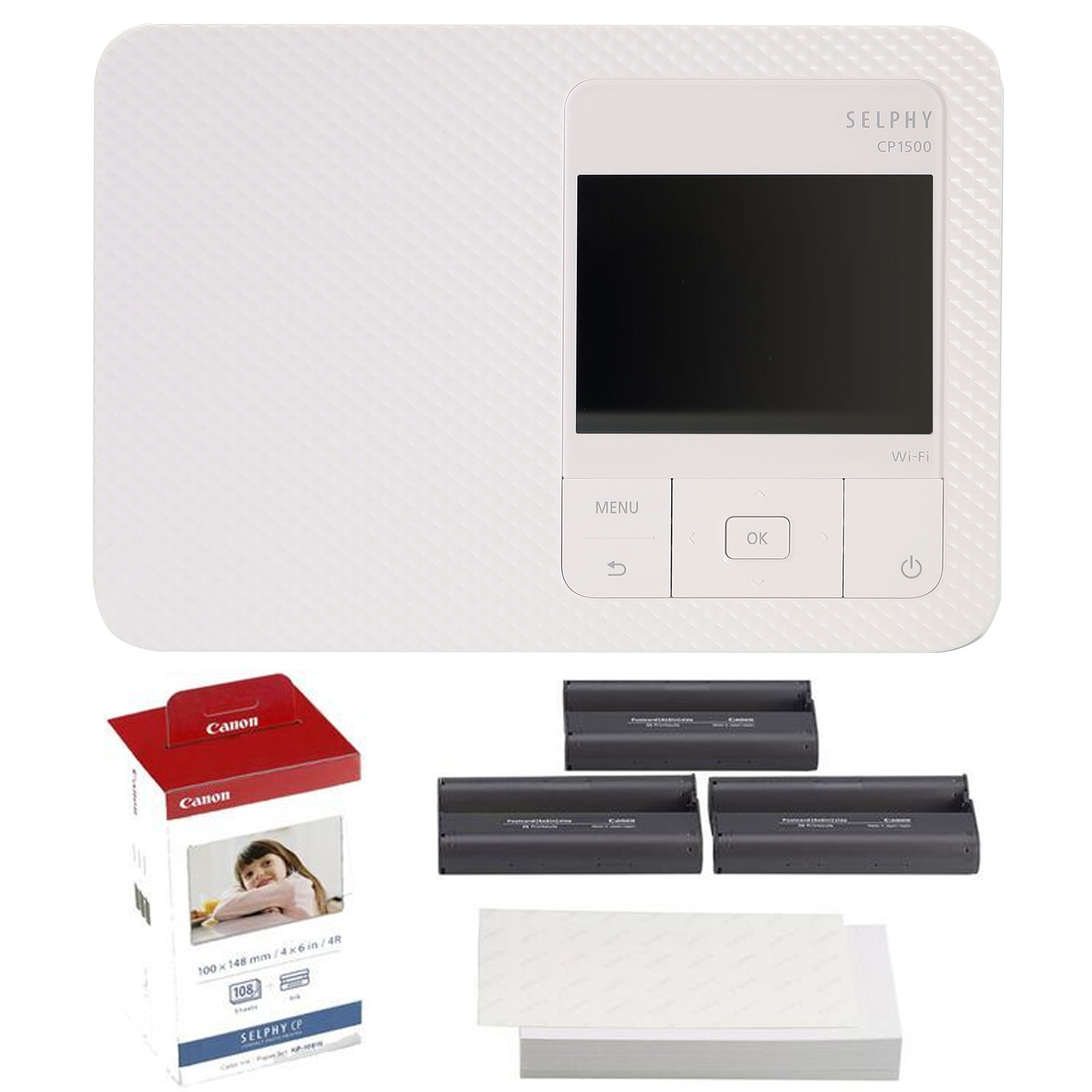 Canon SELPHY CP1500 Compact Photo Printer White KP-108IN Selphy Color Ink 4x6 Paper Set 3115B001 #5540C002-2K