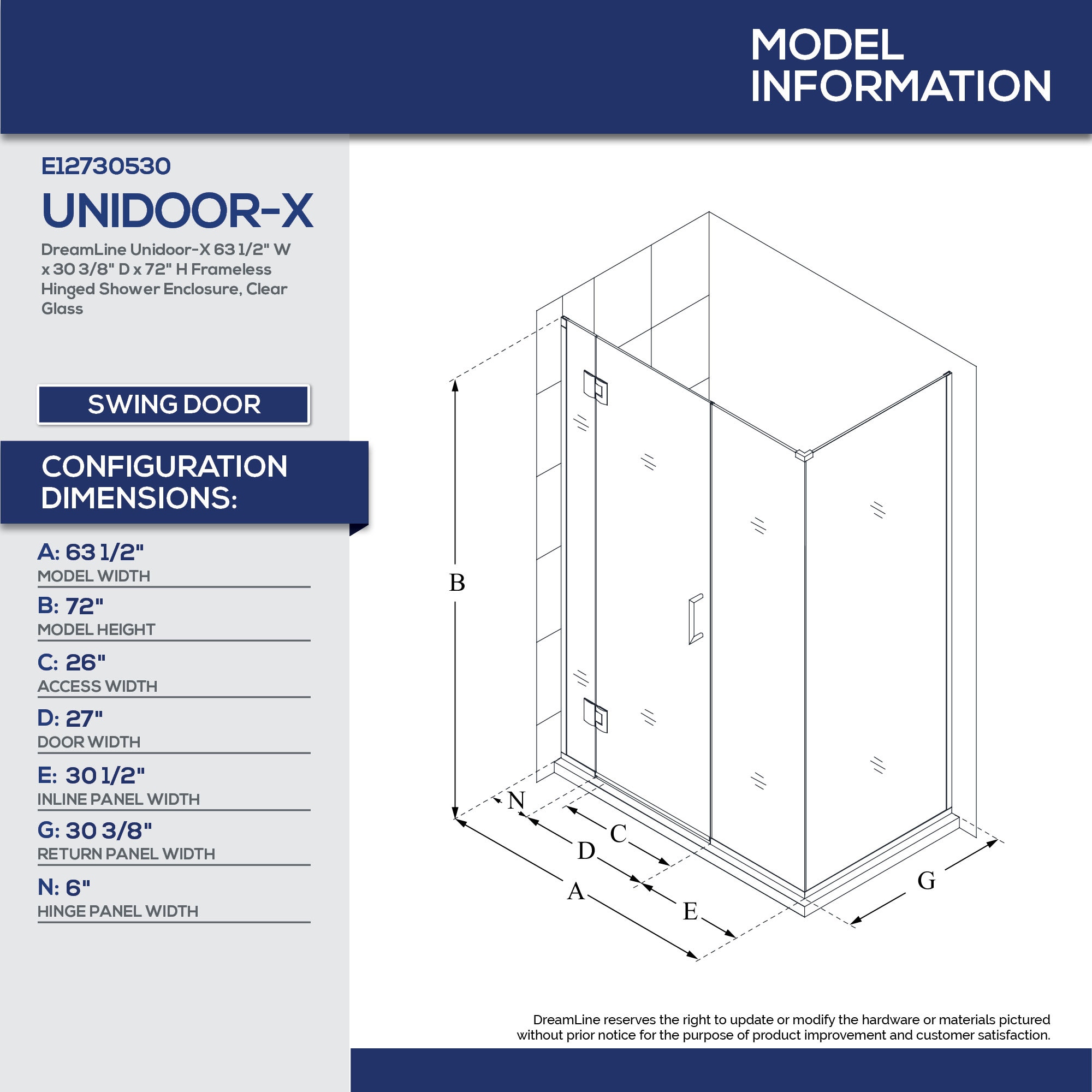 DreamLine Unidoor-X 63-1/2-in W X 72-in H Single Frameless Hinged ...