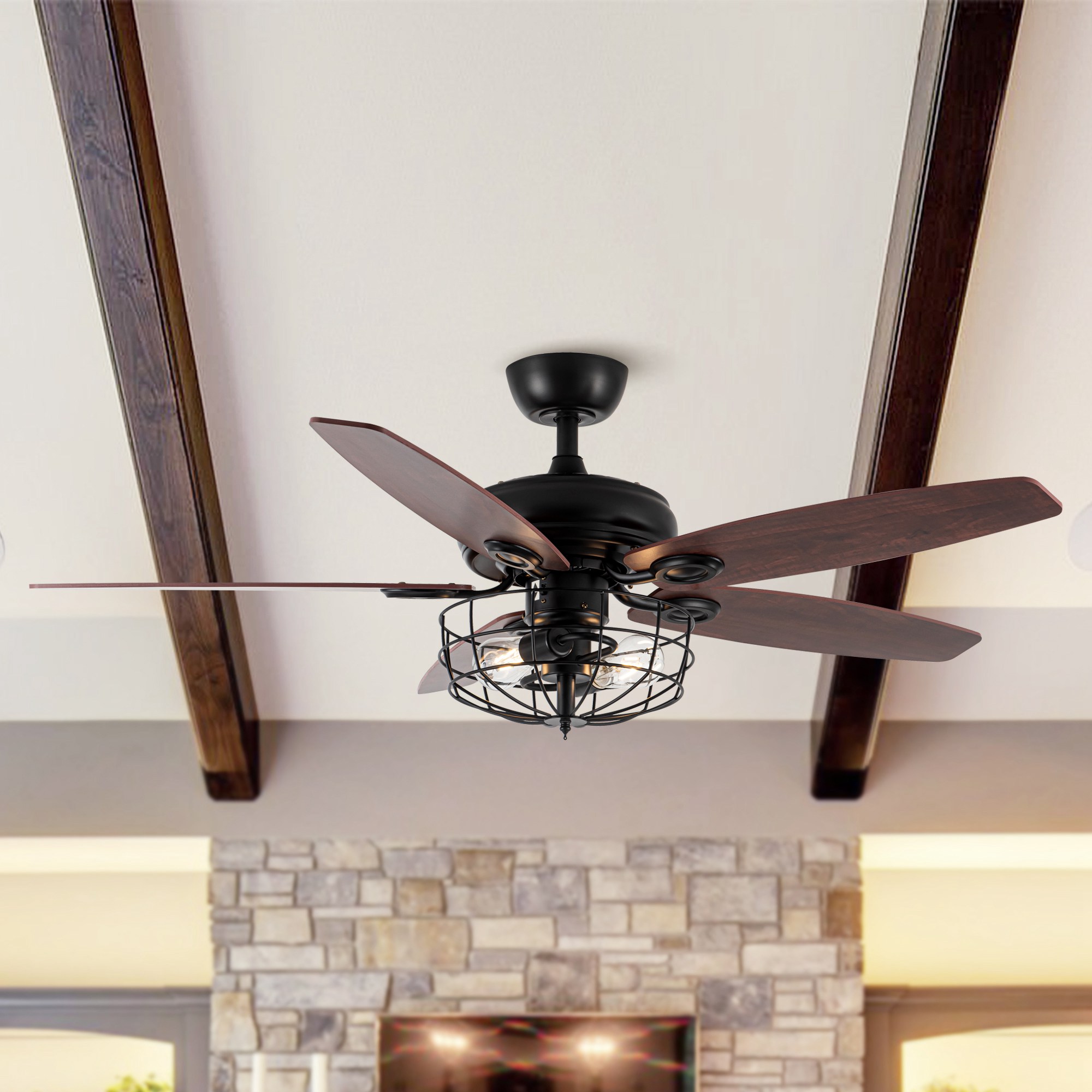 Matrix Decor MDF6236BK110V 52-in Black with Brown Blades Indoor Downrod mount Fandelier Ceiling Fan With Light and Remote ( 5 -Blade)