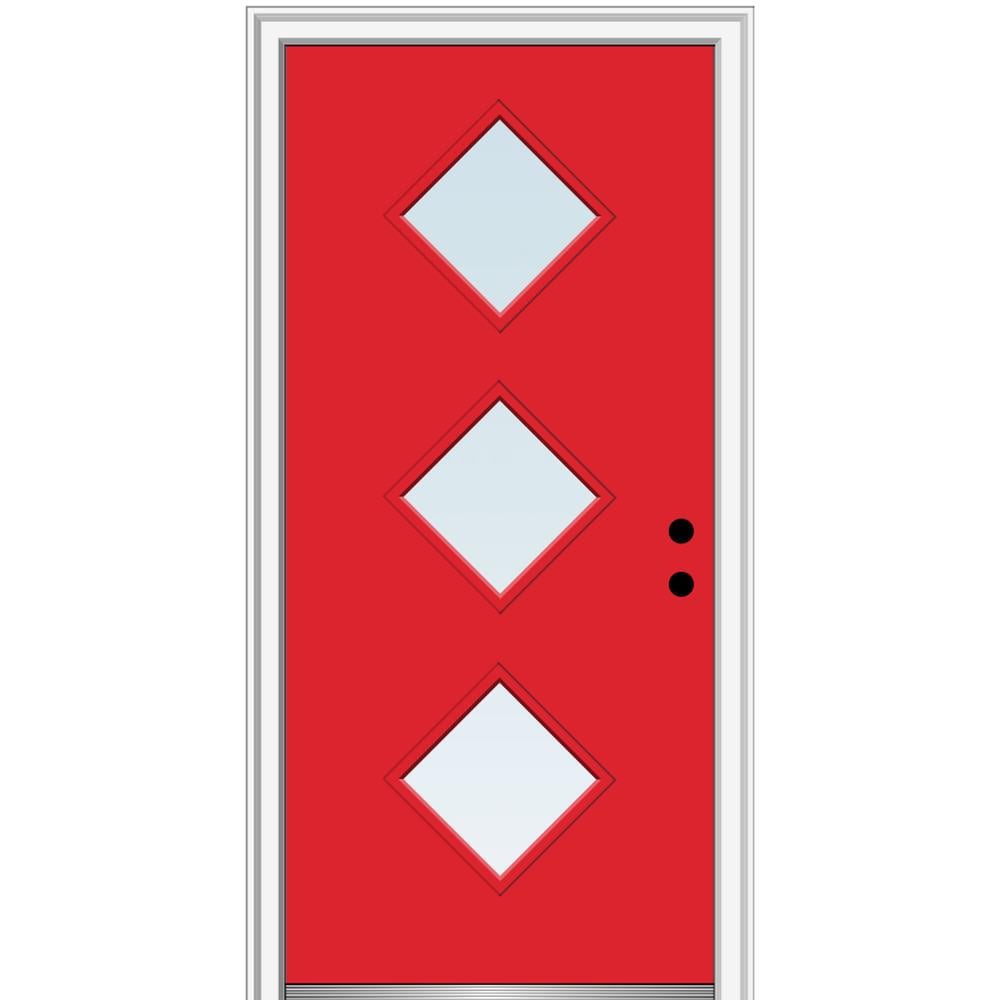 MMI DOOR ZZ346269L Spotlights 32-in x 80-in x 4-9/16-in Fiberglass Pulse lite Left-hand inswing Red Saffron Painted Prehung Front Door with Brickmould Insulating core