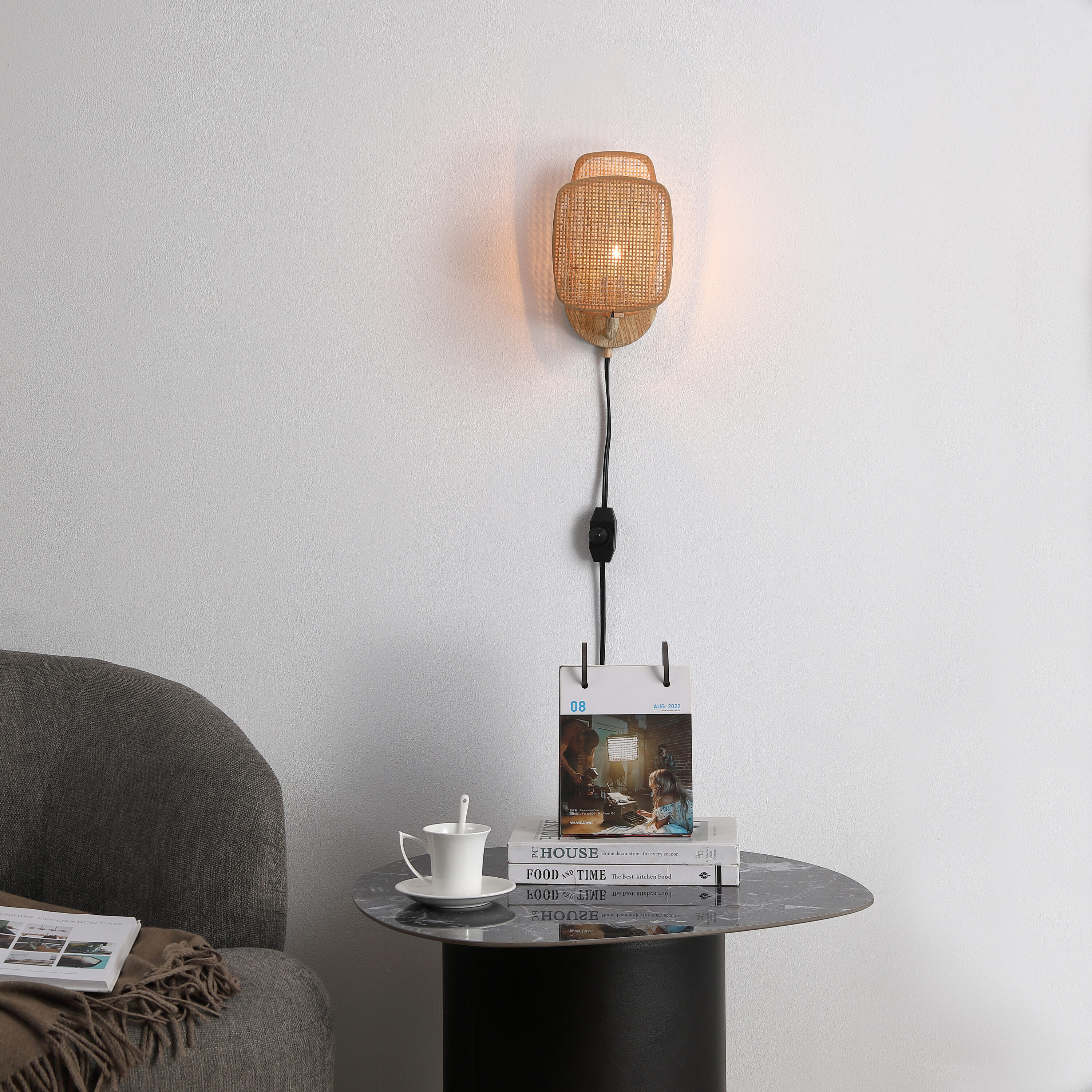 Natural Woven Bamboo Plug-in Wall Sconce with Dimmer