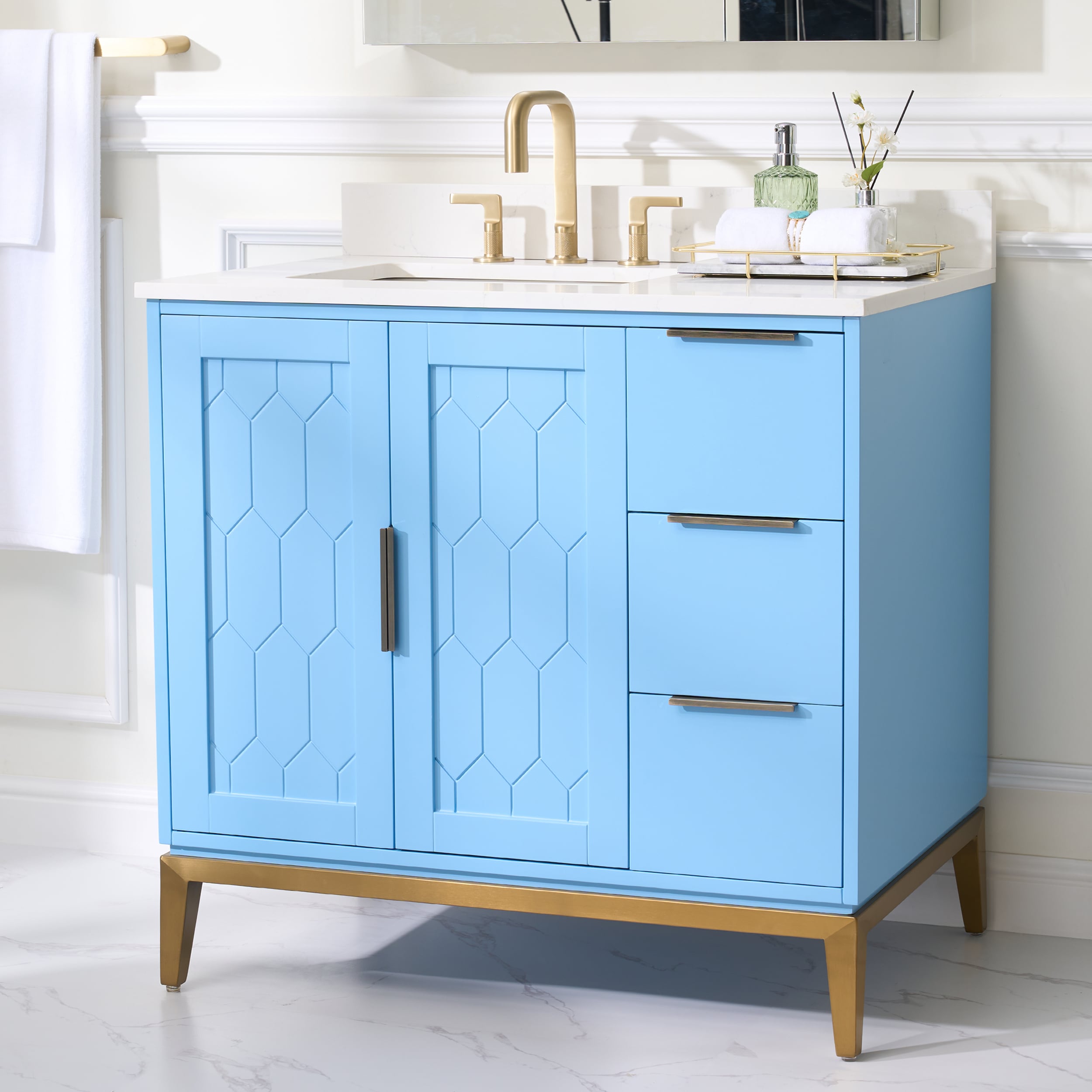 WELLFOR ALISON36QZ-LB ALISON Solid Wood Bathroom Vanitiey 36-in Classic Blue Undermount Single Sink Bathroom Vanity with Carrera White Quartz Top