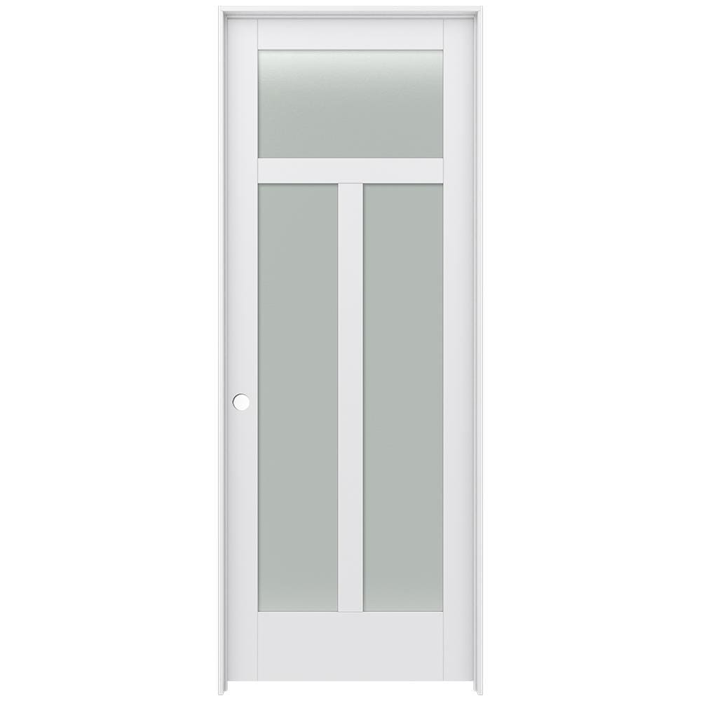 JELD-WEN LOWOLJW221100618 36-in x 96-in Primed Solid core 3-panel craftsman Frosted glass Right hand Smooth Primed MDF Flat Jamb Single Prehung Interior Door