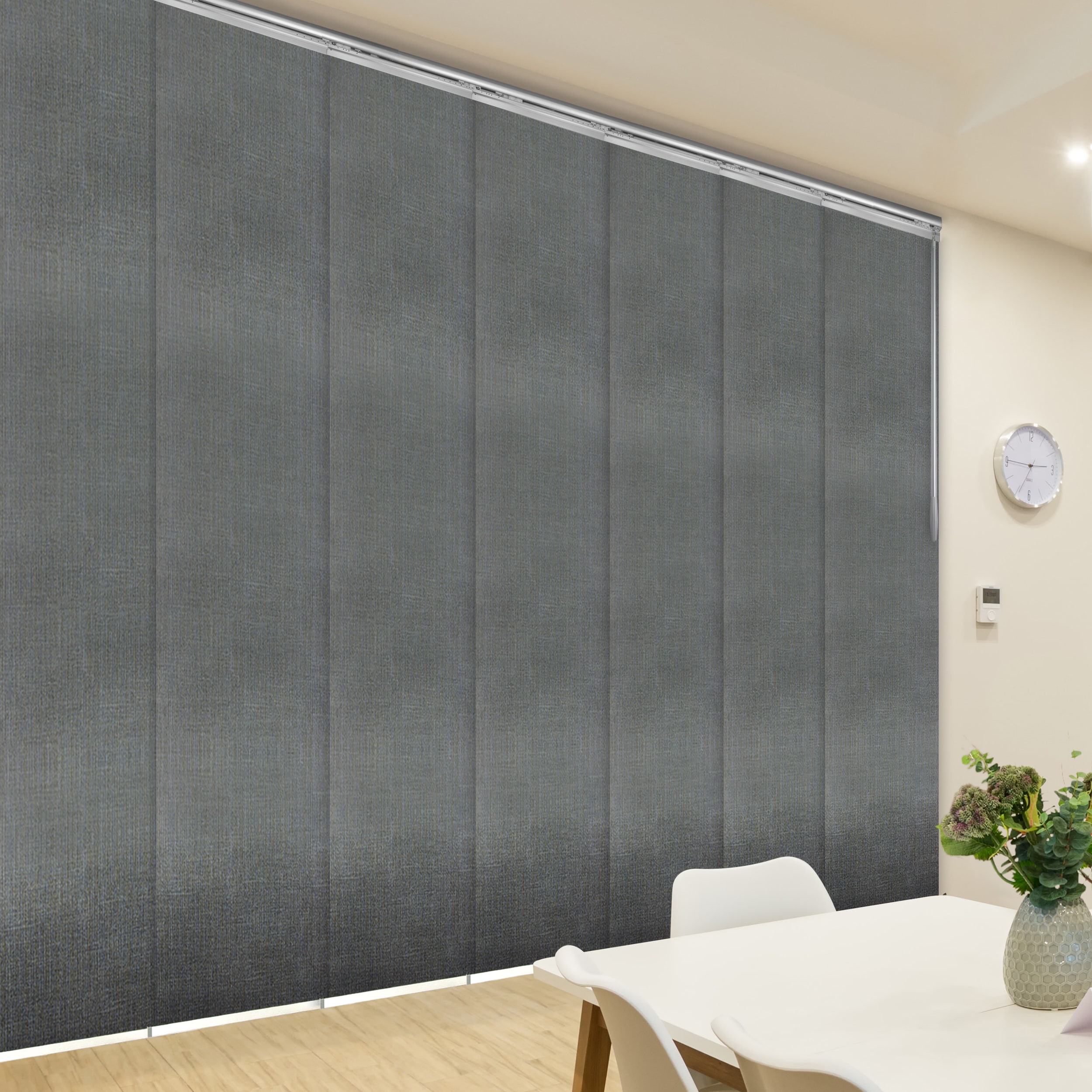Hart & Harlow L-T24-7-7P34A Pewter 7-panel 0.3-in Slat Width 23.5-in x 94-in Cordless Satin Nickel Aluminum Light filtering Vertical blinds