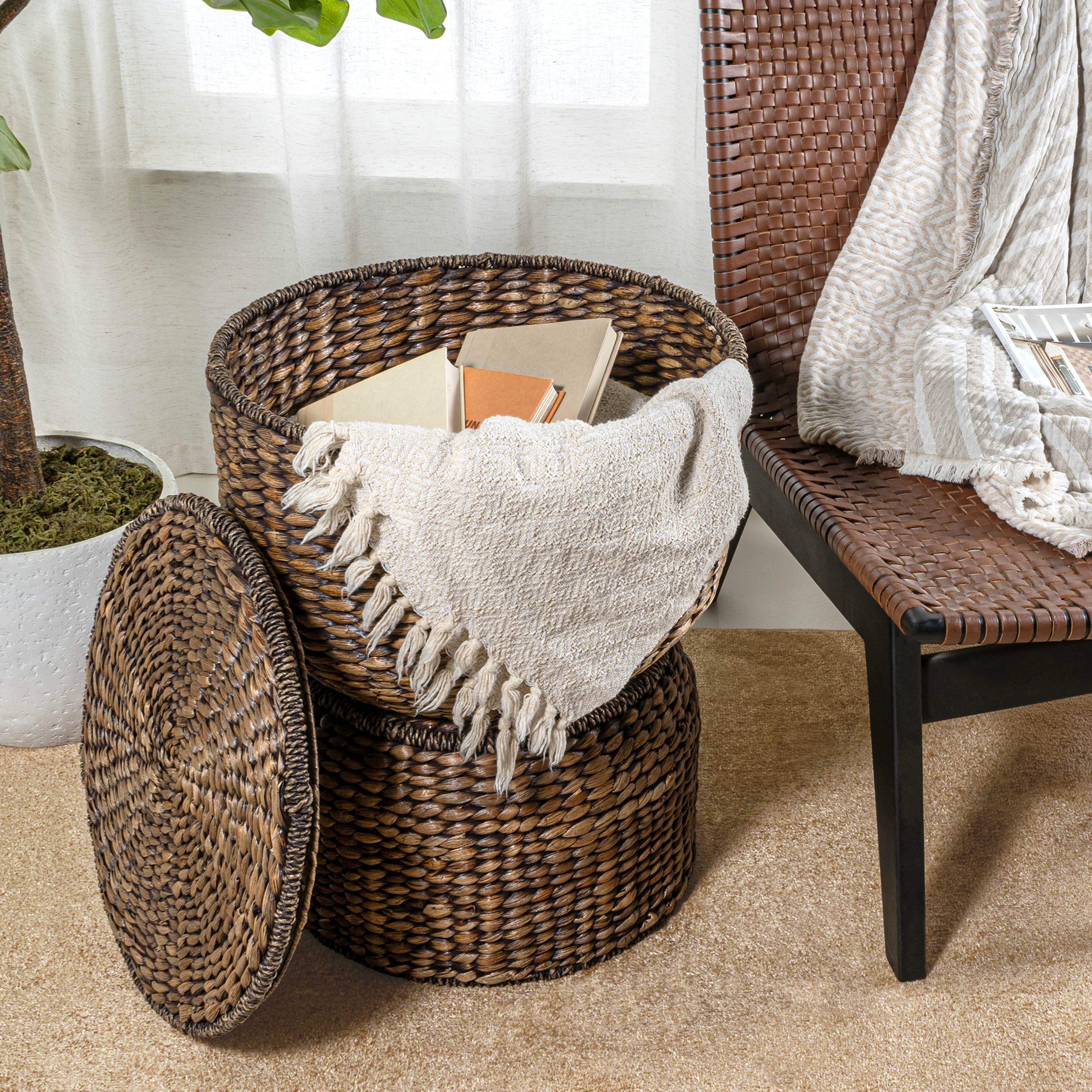 18" Brown Wash Handwoven Hyacinth Storage Accent Table