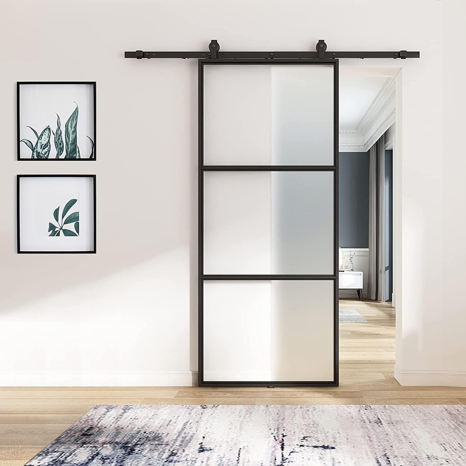 Phyfalip  36 inch x 84 inch Frosted Glass Barn Door Black Carbon Steel Frame Tempered Glass Sliding Door with 6FT Top Mounted Hardware Kit Soft