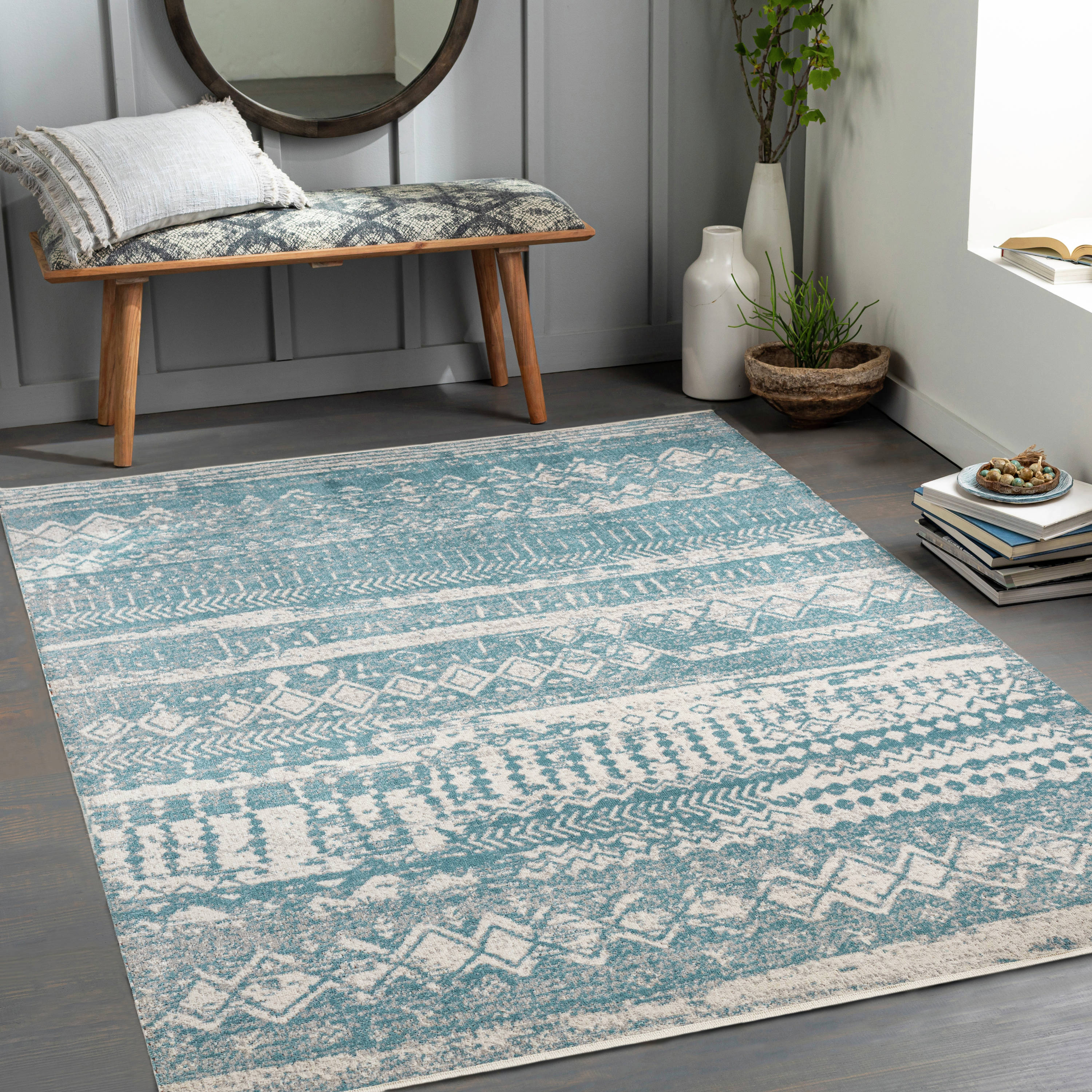 Livabliss LVR2332-67RD Lavadora 7 x 7 (ft) Polyester Aqua Round Indoor Tribal Global Machine washable Area rug