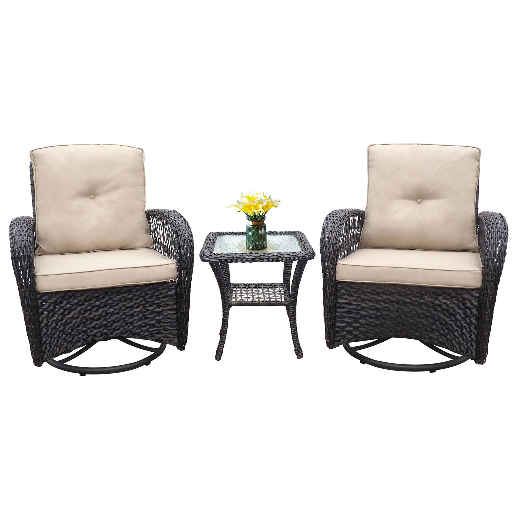 ModernLuxe L-W1889111359 / Set of 2 Wicker Brown Metal Frame Conversation Chair with Off-white Cushioned Seat