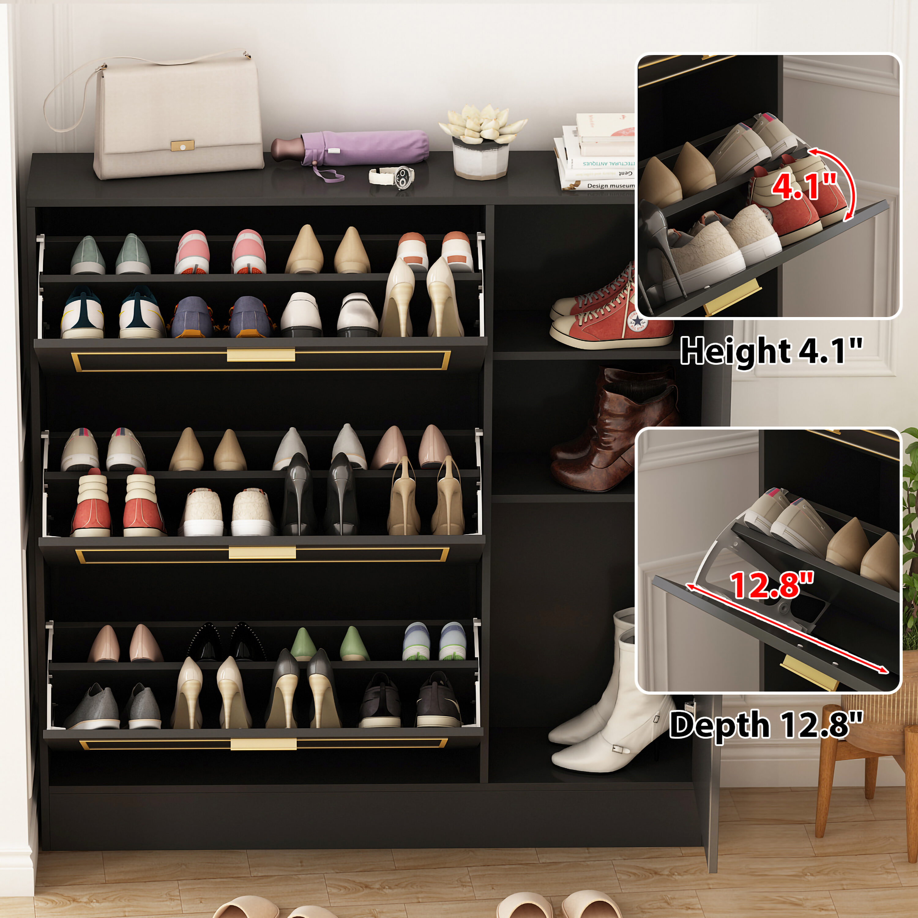 FUFU&GAGA 47.2-in H 3 Tier 18 Pair Black Composite Shoe Cabinet in the Shoe  Storage department at