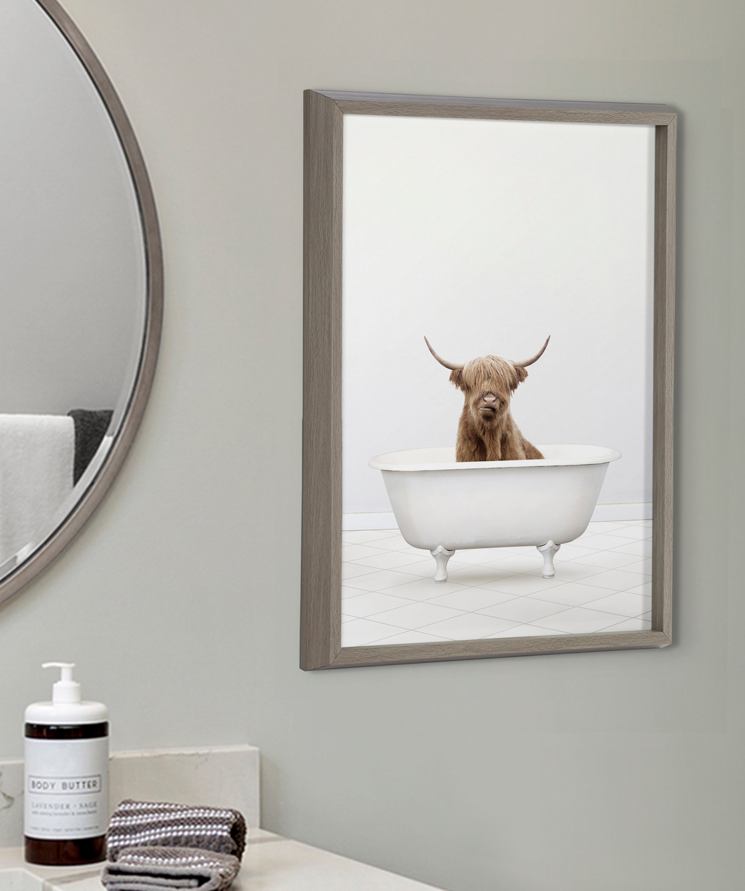 Kate and Laurel Highland Cow Solo Bathtub Amy Peterson Gray Framed 24-in H  x 18-in W Animals Glass Print in the Wall Art department at
