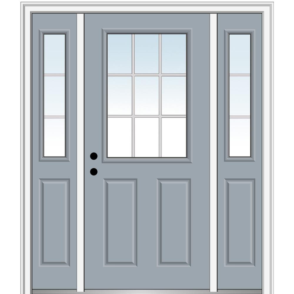 MMI DOOR ZZ13272R 64-in x 80-in x 4-9/16-in Fiberglass Half lite Right-hand inswing Storm Cloud Painted Prehung Front Door with Sidelights with Brickmould Insulating core with Grilles