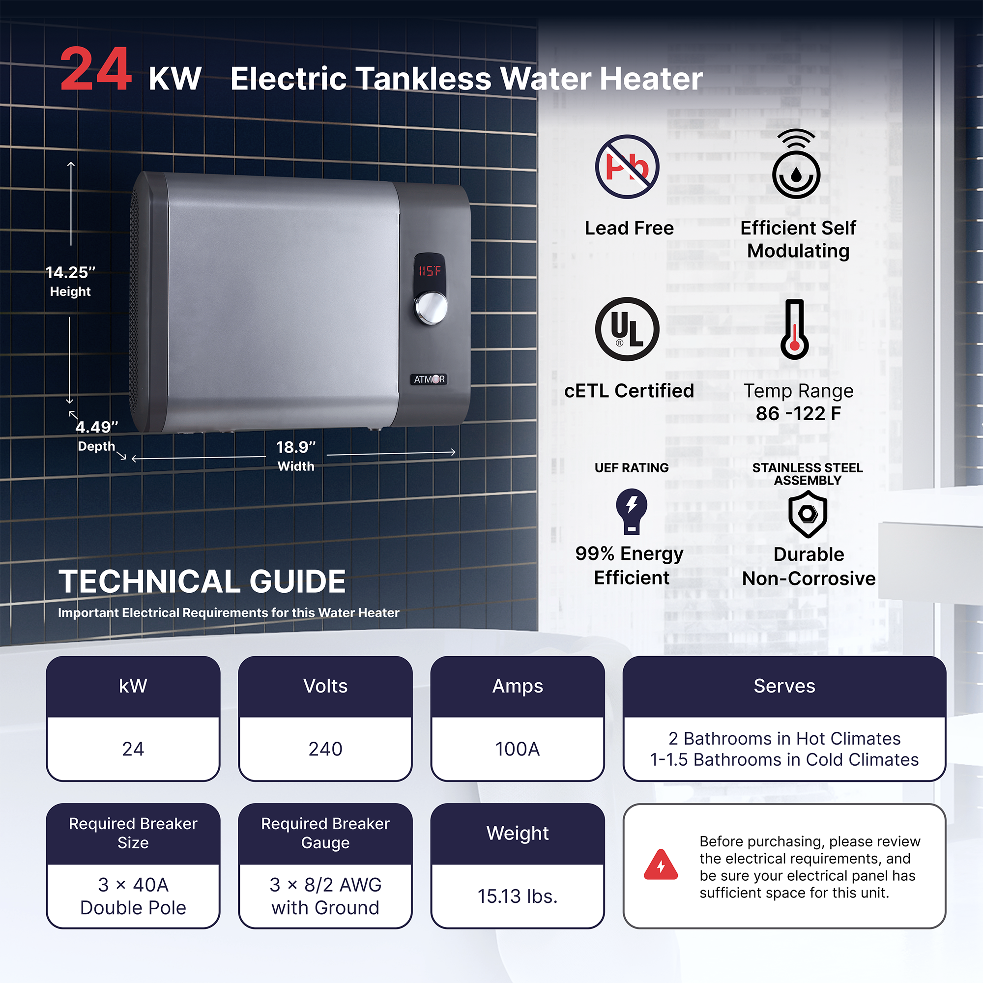 Atmor 24kW 4.65 GPM Electric Tankless Water Heater