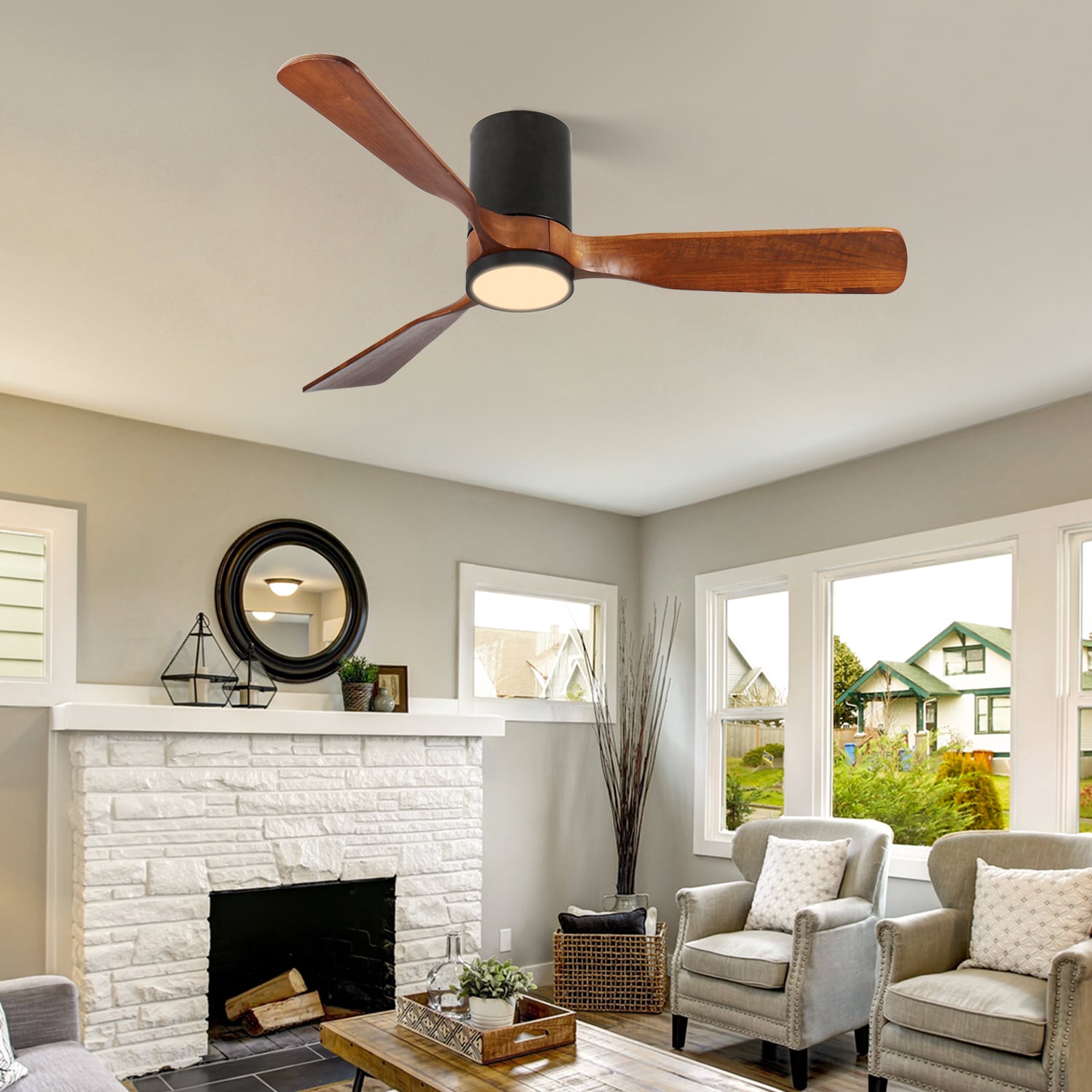 LOVMOR SF-L-W2878P352477 42 in. LED Indoor Outdoor Flush Mount Matte Black Ceiling Fan with Wood Blades 6-Speed DC Remote Control