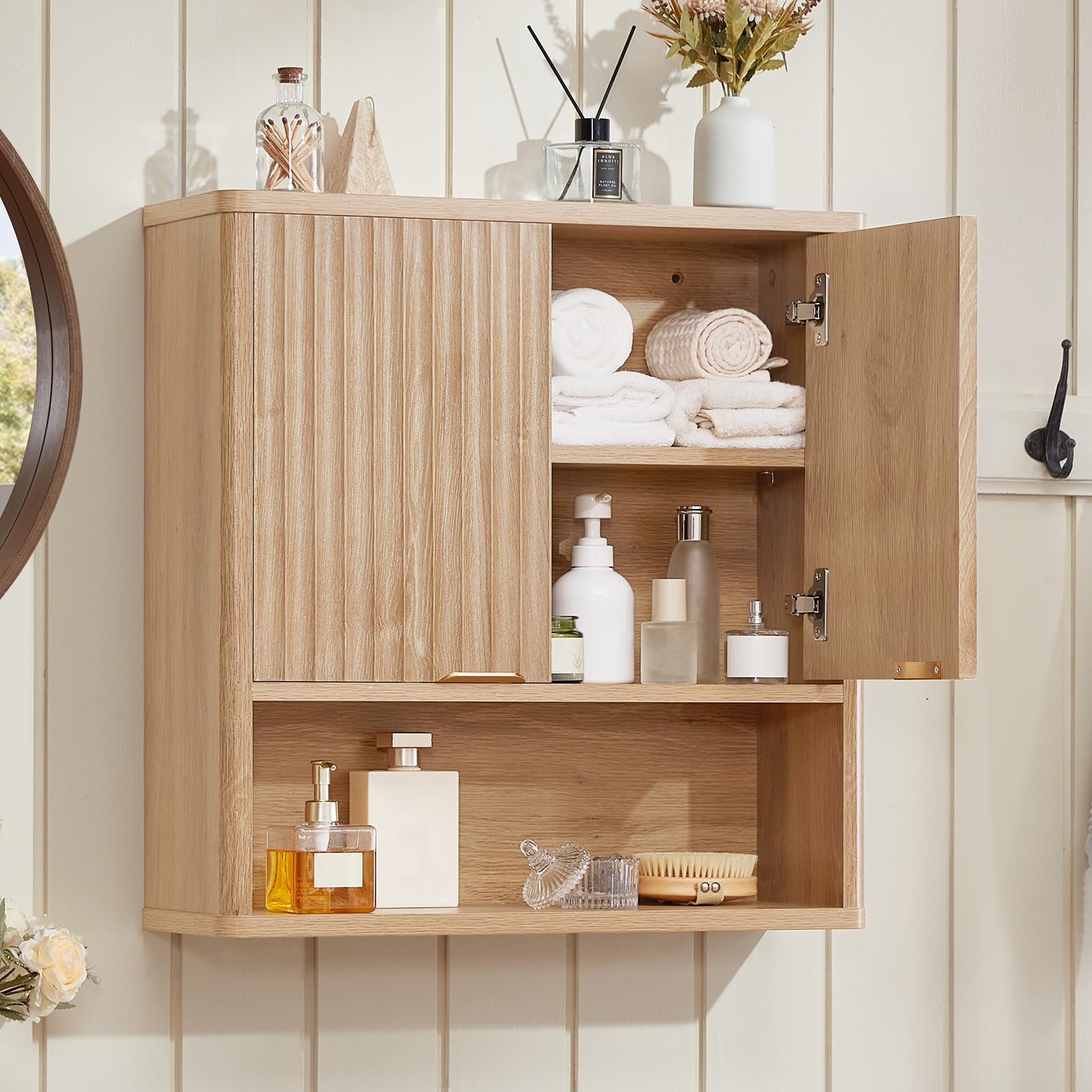 Lovav Fluted Bathroom Wall Cabinet Wall Mounted Adjustable Shelves Doors Natural Wood Grain Storage Space Saving Multifunctional