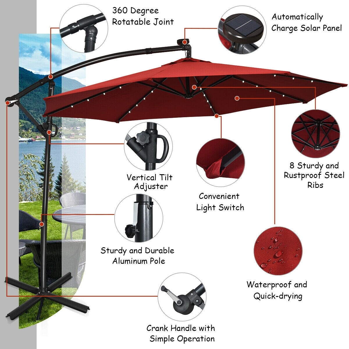 Clihome 10-ft Burgundy Solar Powered Crank Cantilever Patio Umbrella in the Patio  Umbrellas department at