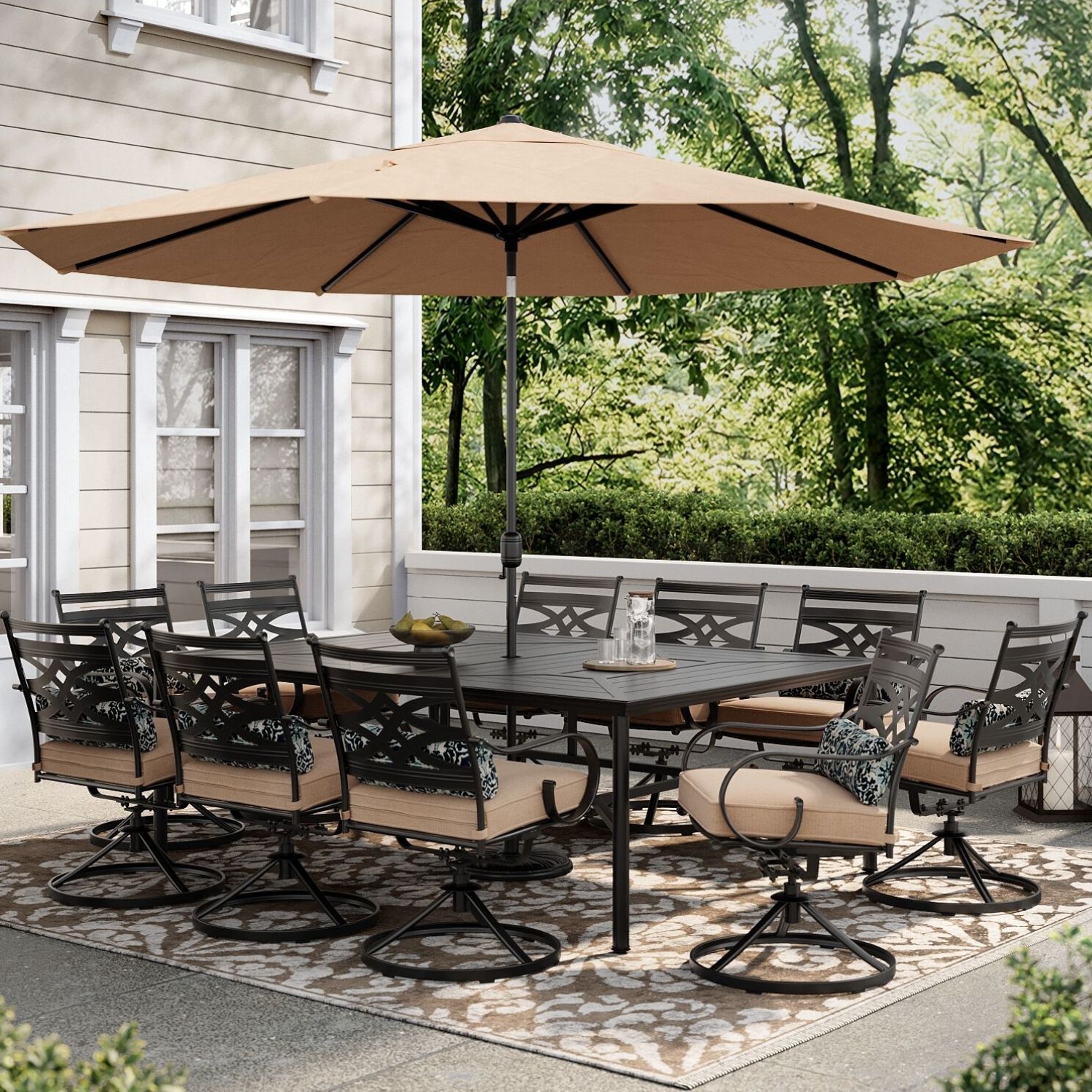 Hanover MCLRDN11PCSW10-SU-T Montclair 12 -Piece Dark Brown Patio Dining Set Steel Rectangle Table with 10 Tan Cushions Swivel Rocker Chairs and Umbrella Included