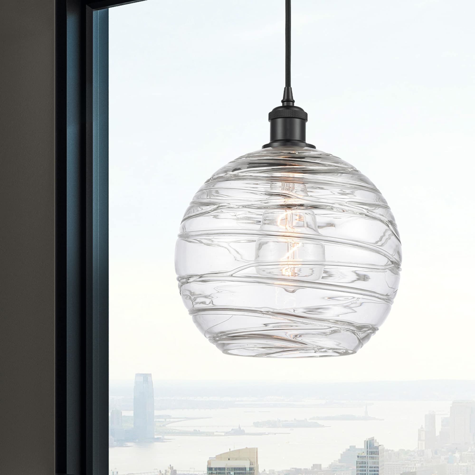 Innovations Lighting 516-1P-BK-G1213-10 Athens Deco Swirl Clear Deco Swirl, Matte Black Industrial Clear glass Globe Medium Hanging Pendant light