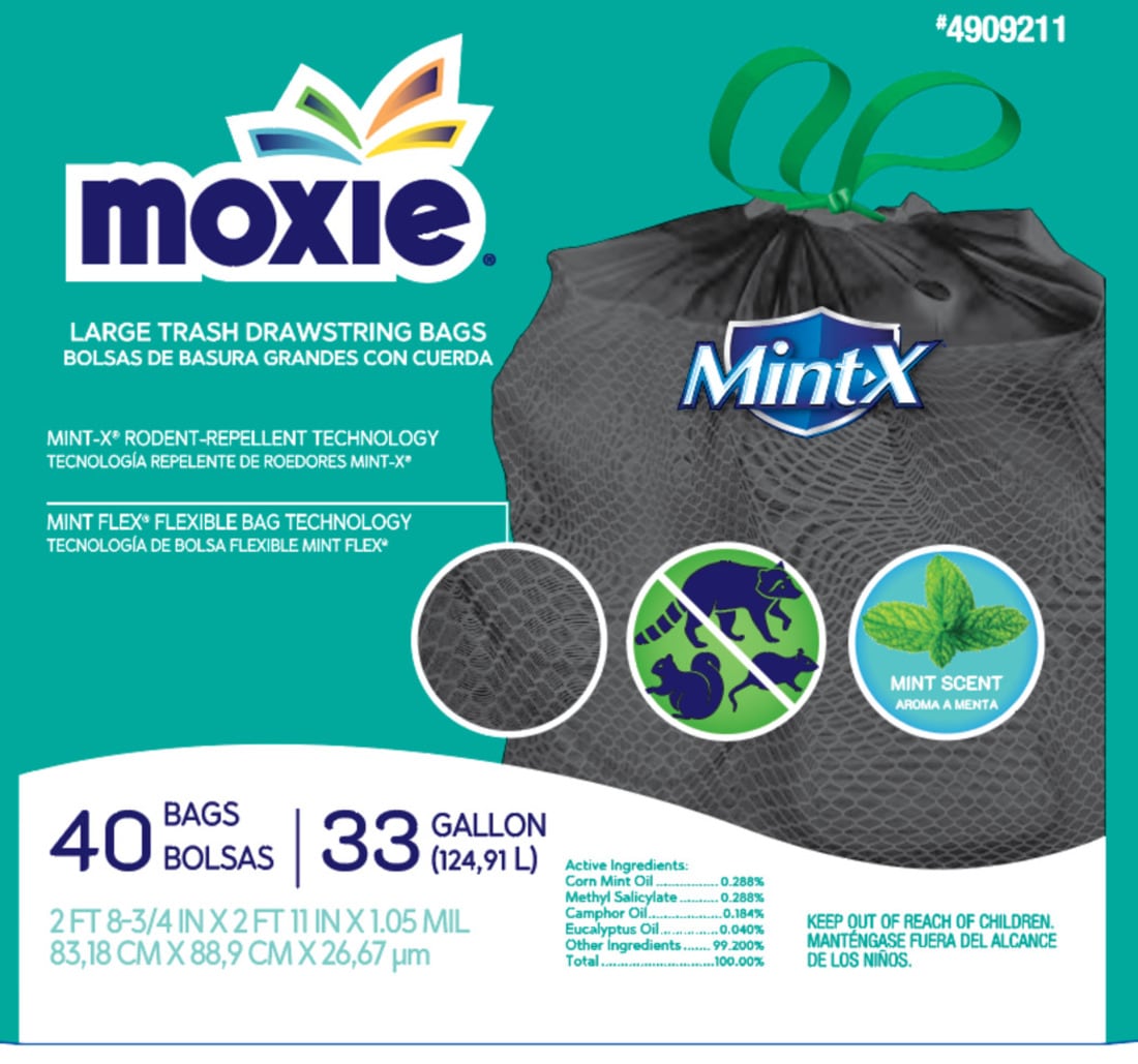 MOXIE LW3335B40F 33-Gallon Mint Black Outdoor Plastic Can Drawstring Trash Bag 40 -Count
