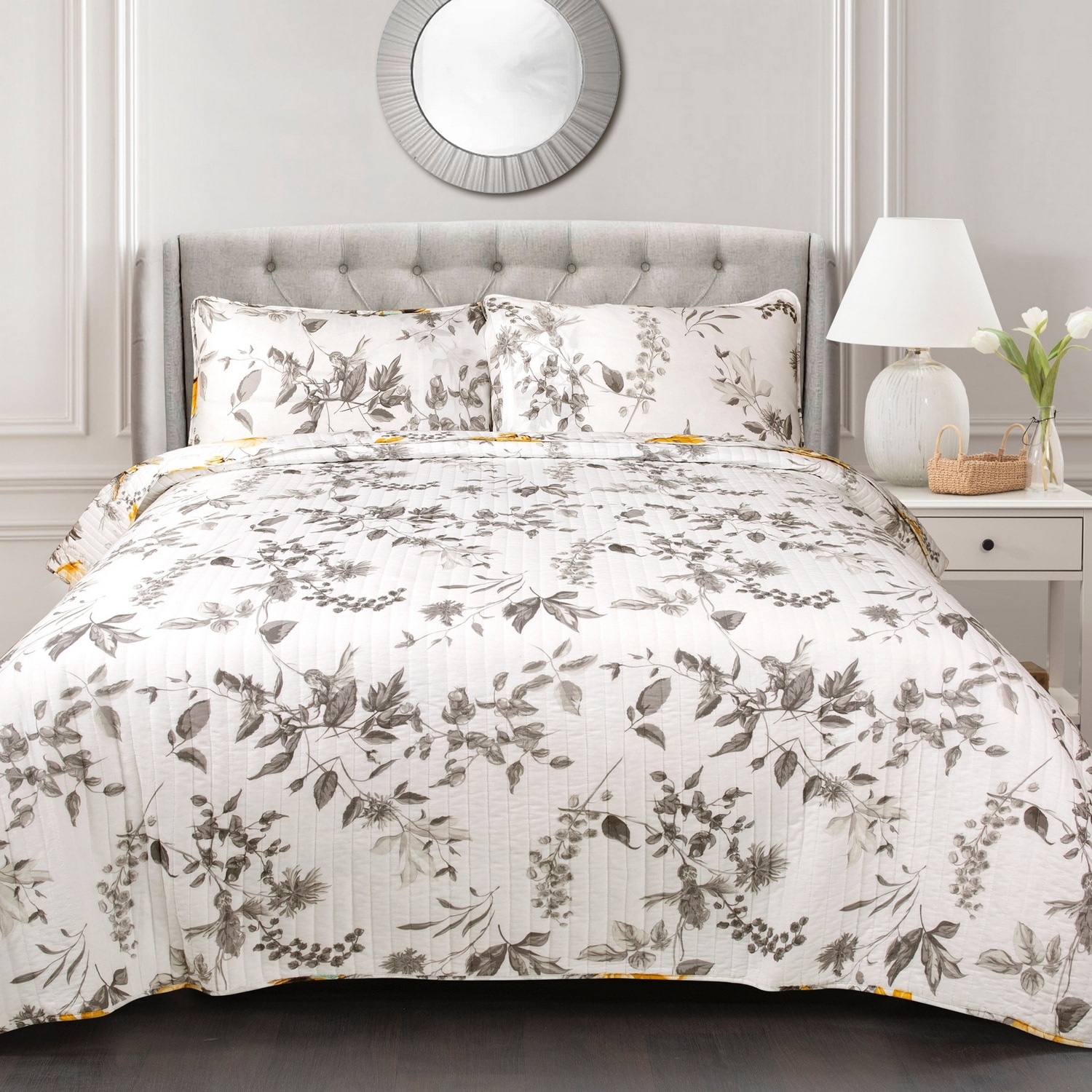 Gray and Yellow Cotton Floral Reversible Full Quilt Set