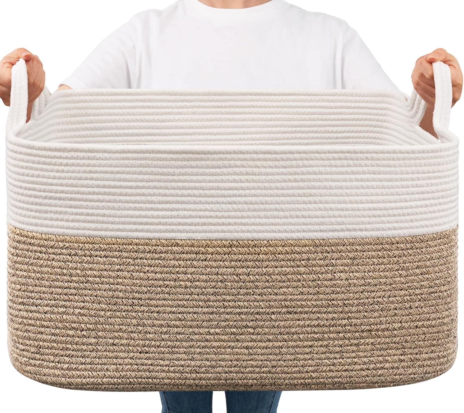 Misopily Large Rectangle Cotton Rope Basket 21.6 x 14.9 x 11.8 Inch 75L Capacity White Brown Storage Bin for Blankets Toys Laundry 1 Piece
